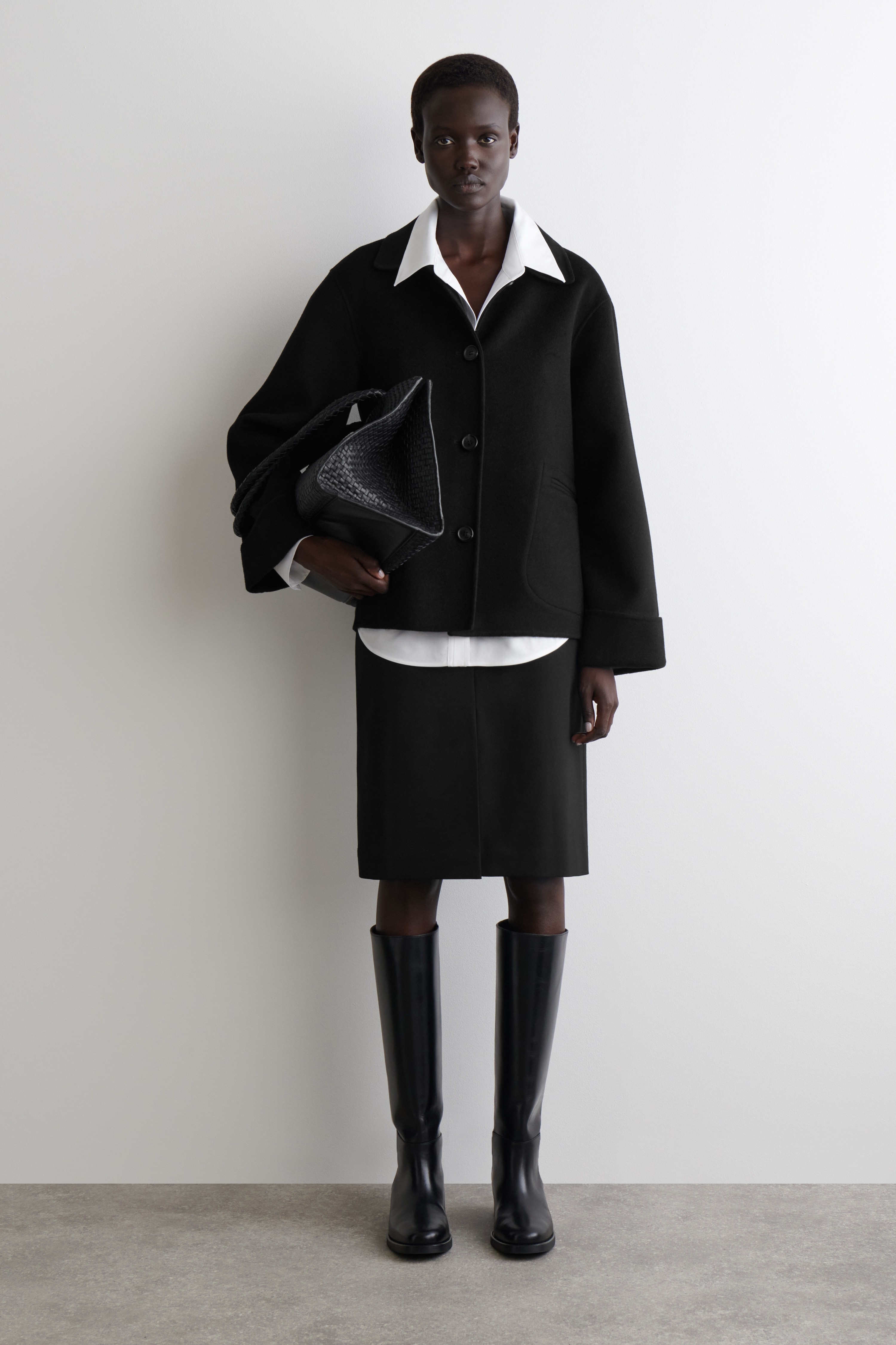 DOUBLE-FACED WOOL SHORT JACKET - BLACK/DARK BROWN