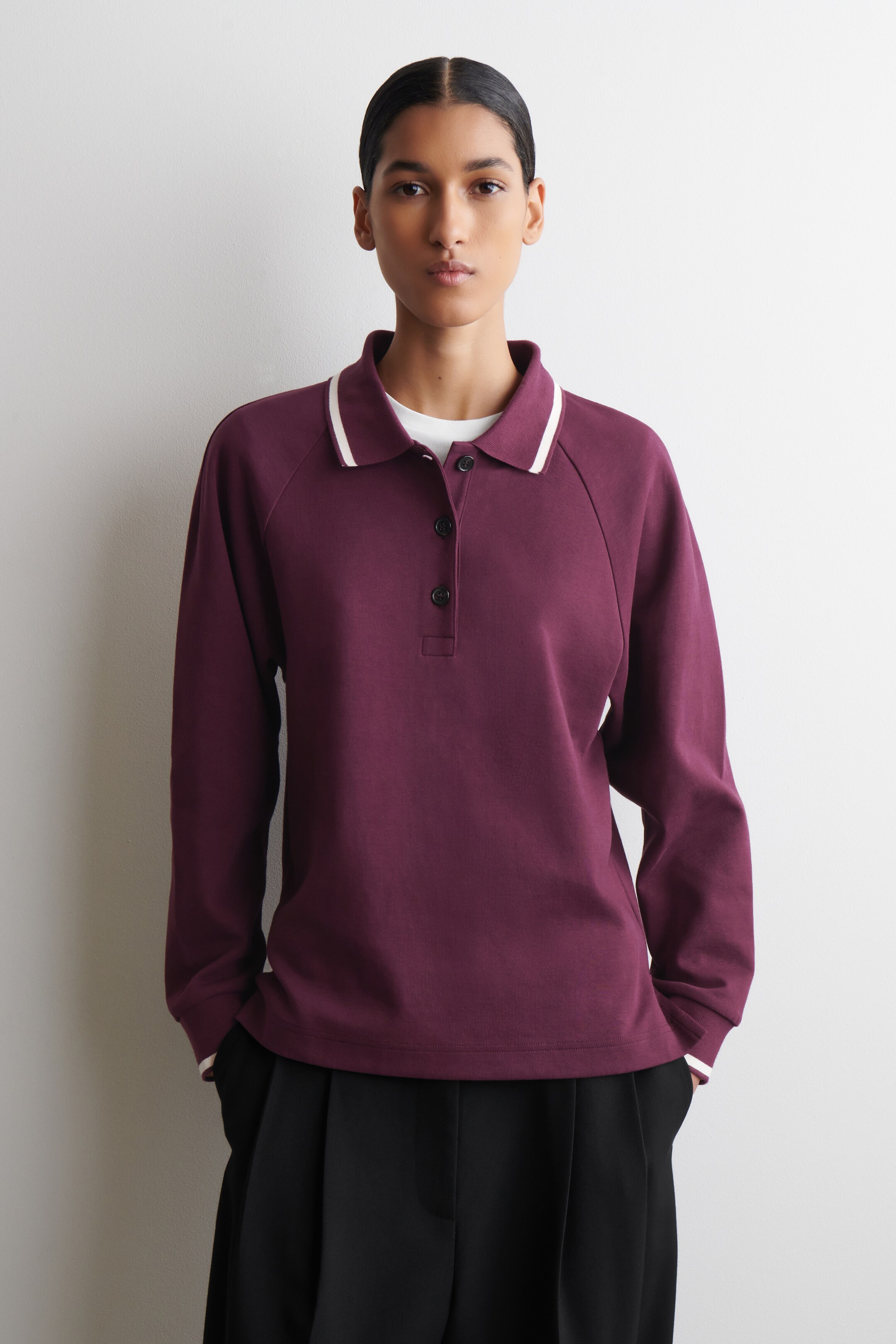 View larger image: CONTRAST-TIPPED COTTON POLO TOP - BURGUNDY - Ladies | H&M GB 1