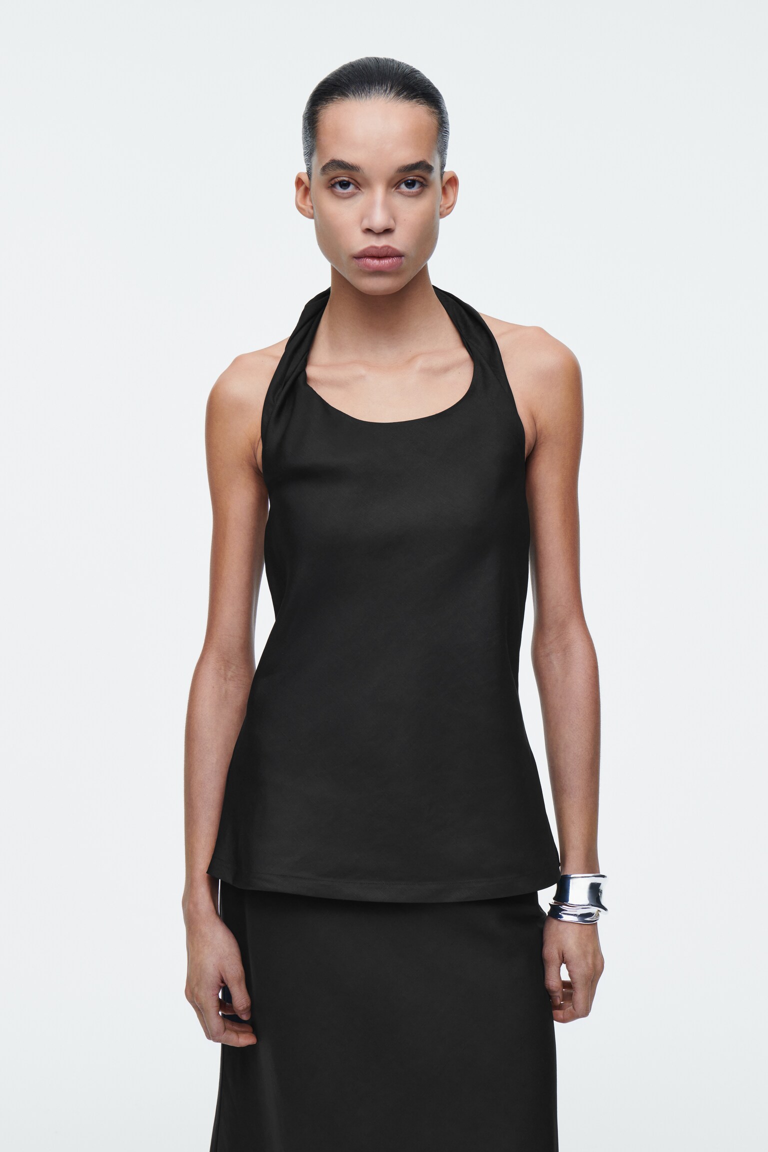 TWIST-DETAIL LINEN-BLEND TOP - BLACK/LIGHT PINK