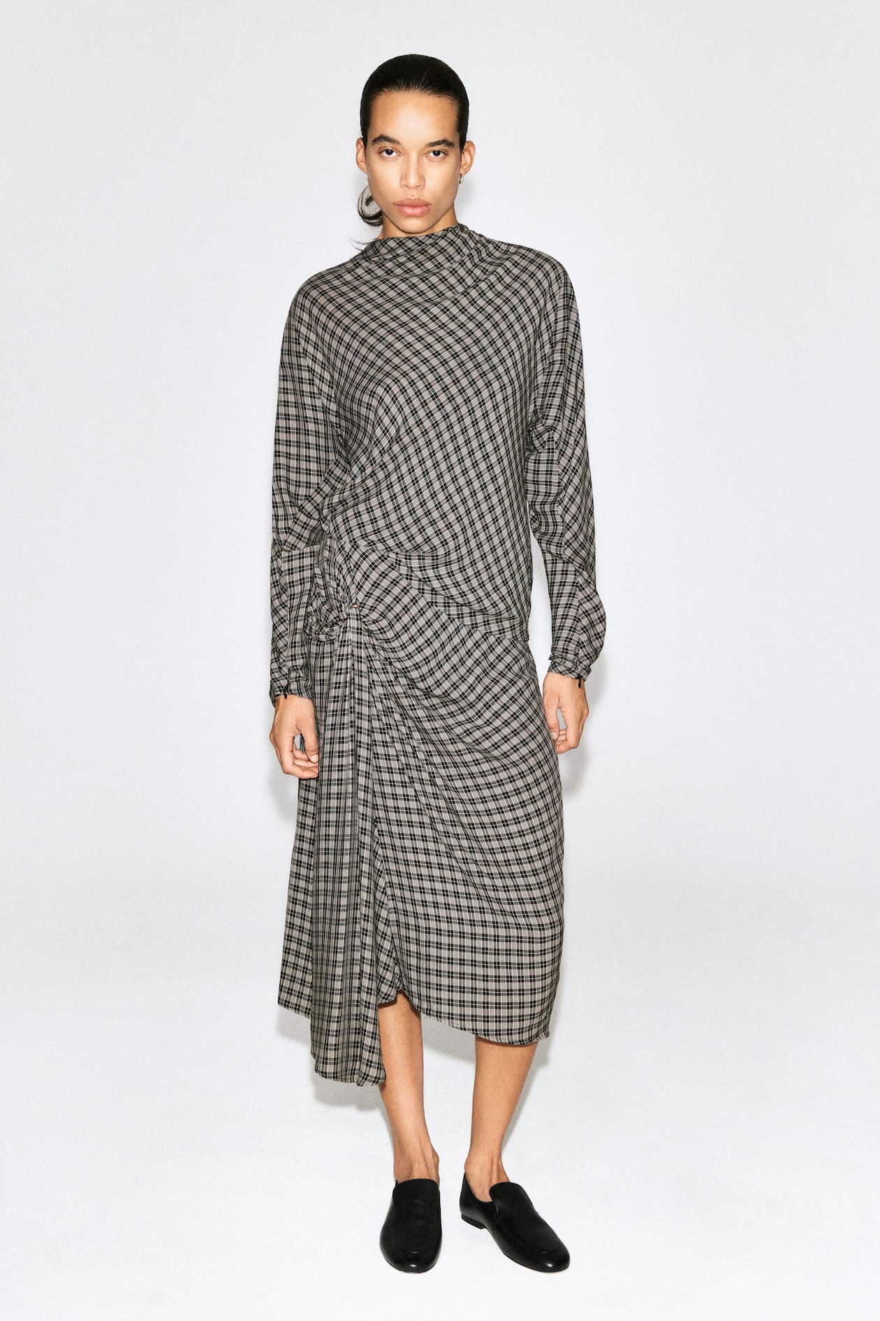 DRAPED CHECKED MIDI SKIRT — GRAY / CHECKED