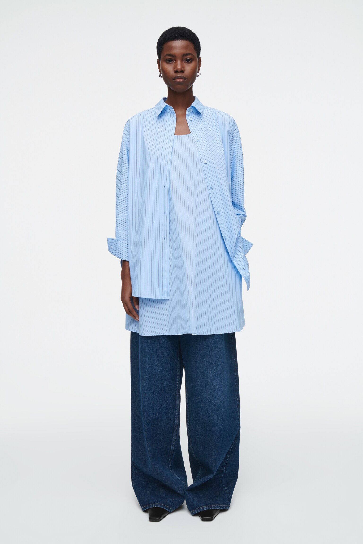 ROBE-CHEMISE TRAPÈZE RAYÉE EFFET SUPERPOSÉ - BLEU / RAYÉ - 5