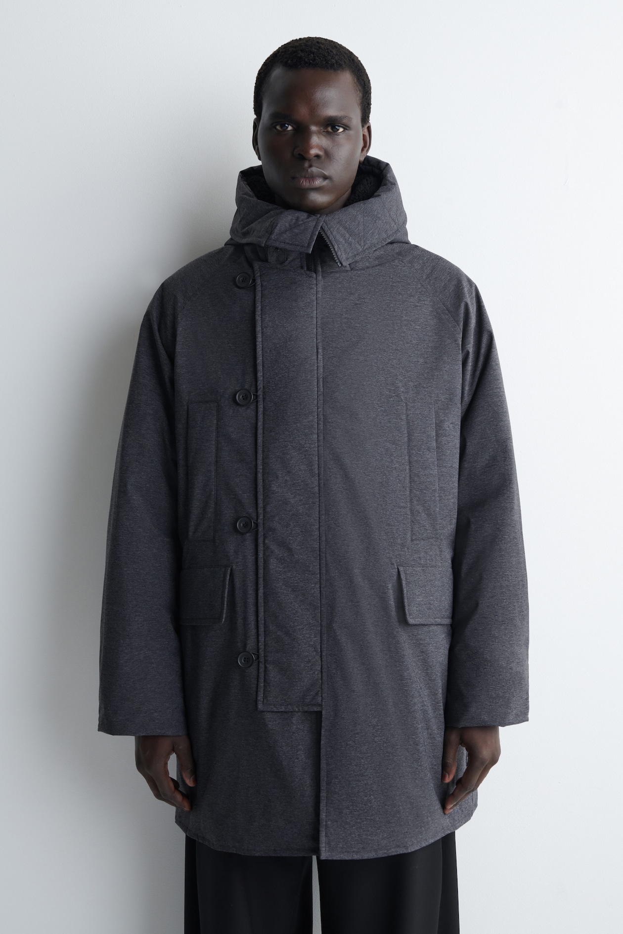 TECHNICAL HOODED DOWN PARKA — DARK GRAY
