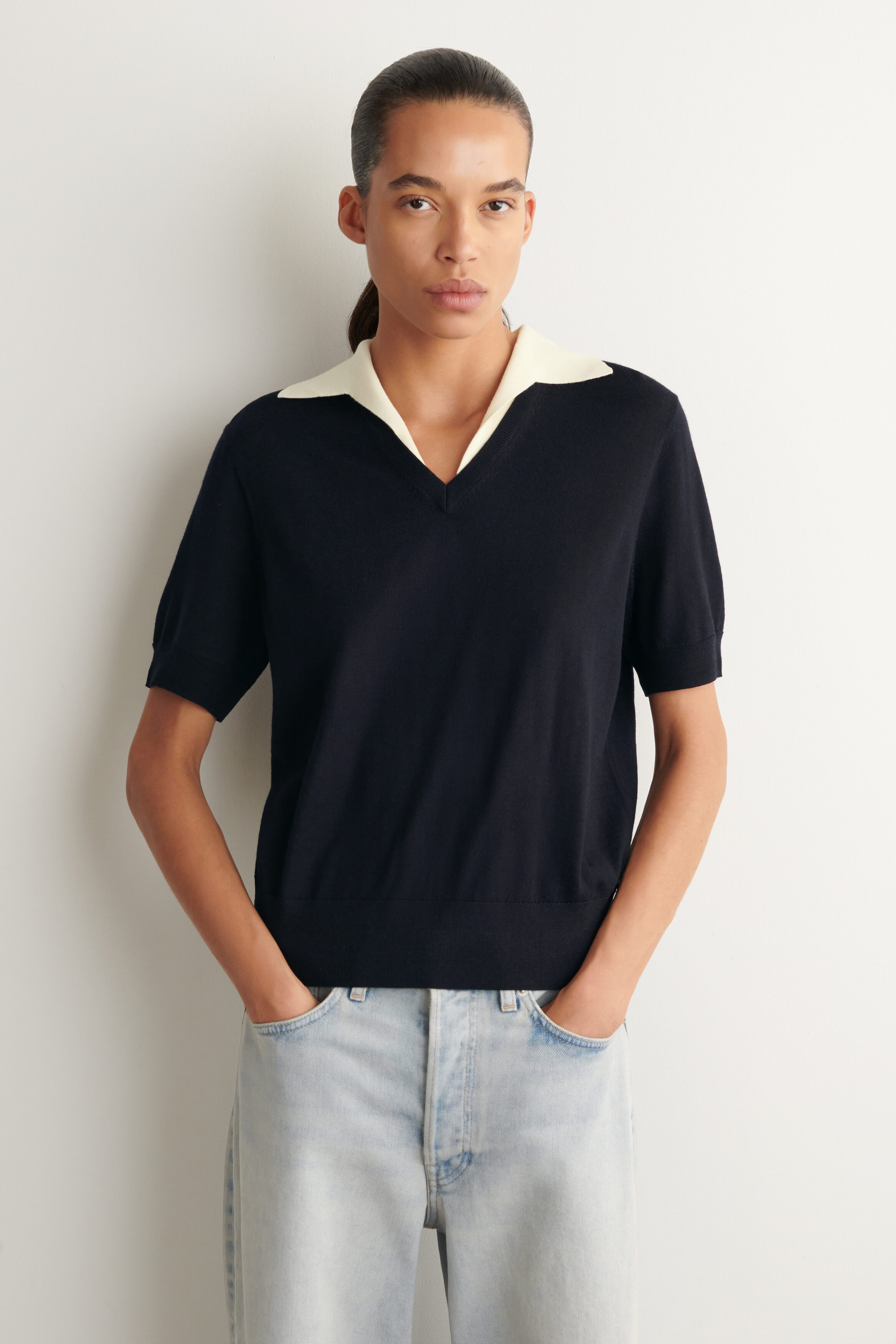 MERINO WOOL LAYERED POLO SHIRT - NAVY / WHITE | COS US