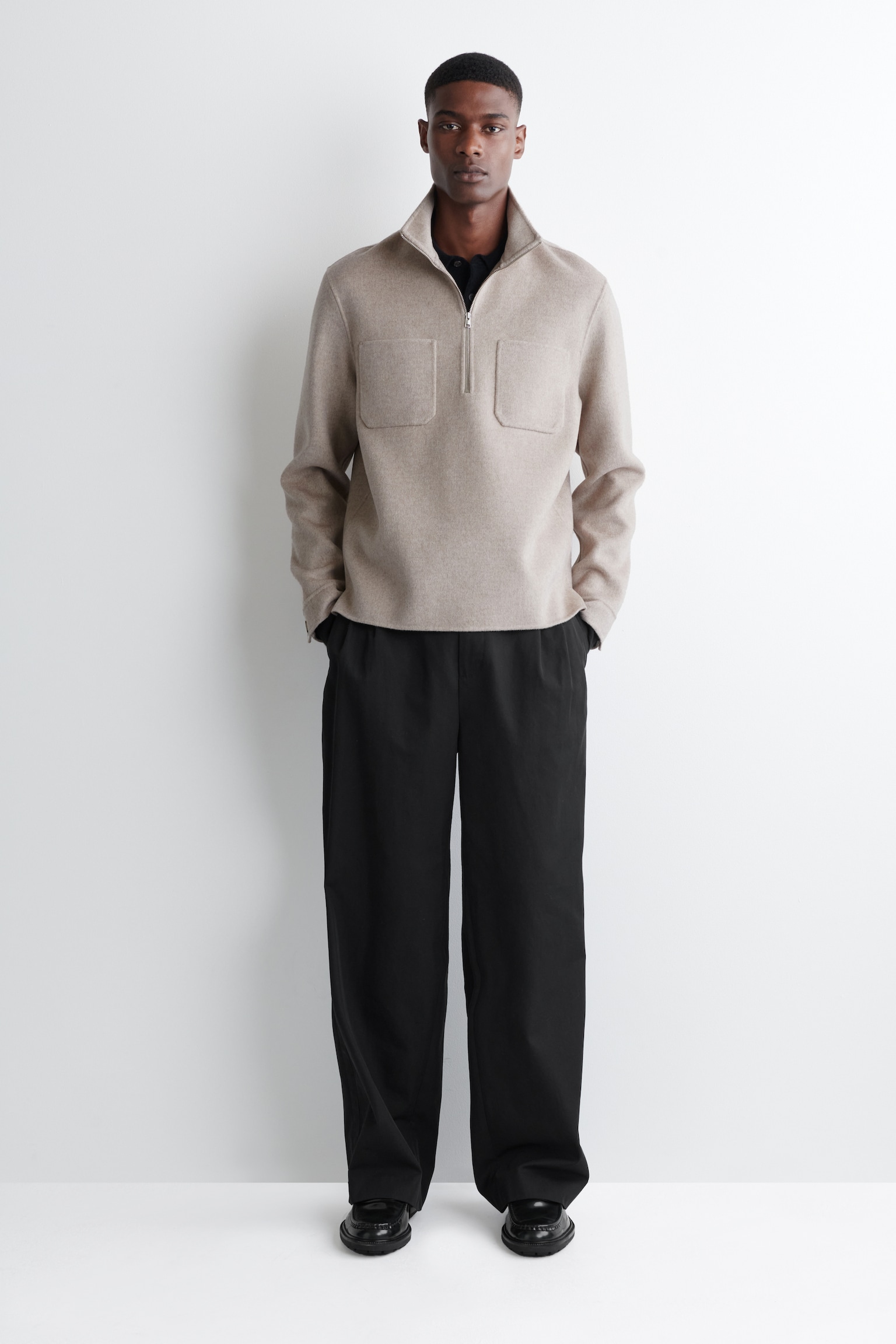 DOUBLE-FACED WOOL ZIP-UP SWEATSHIRT - בז' - 3