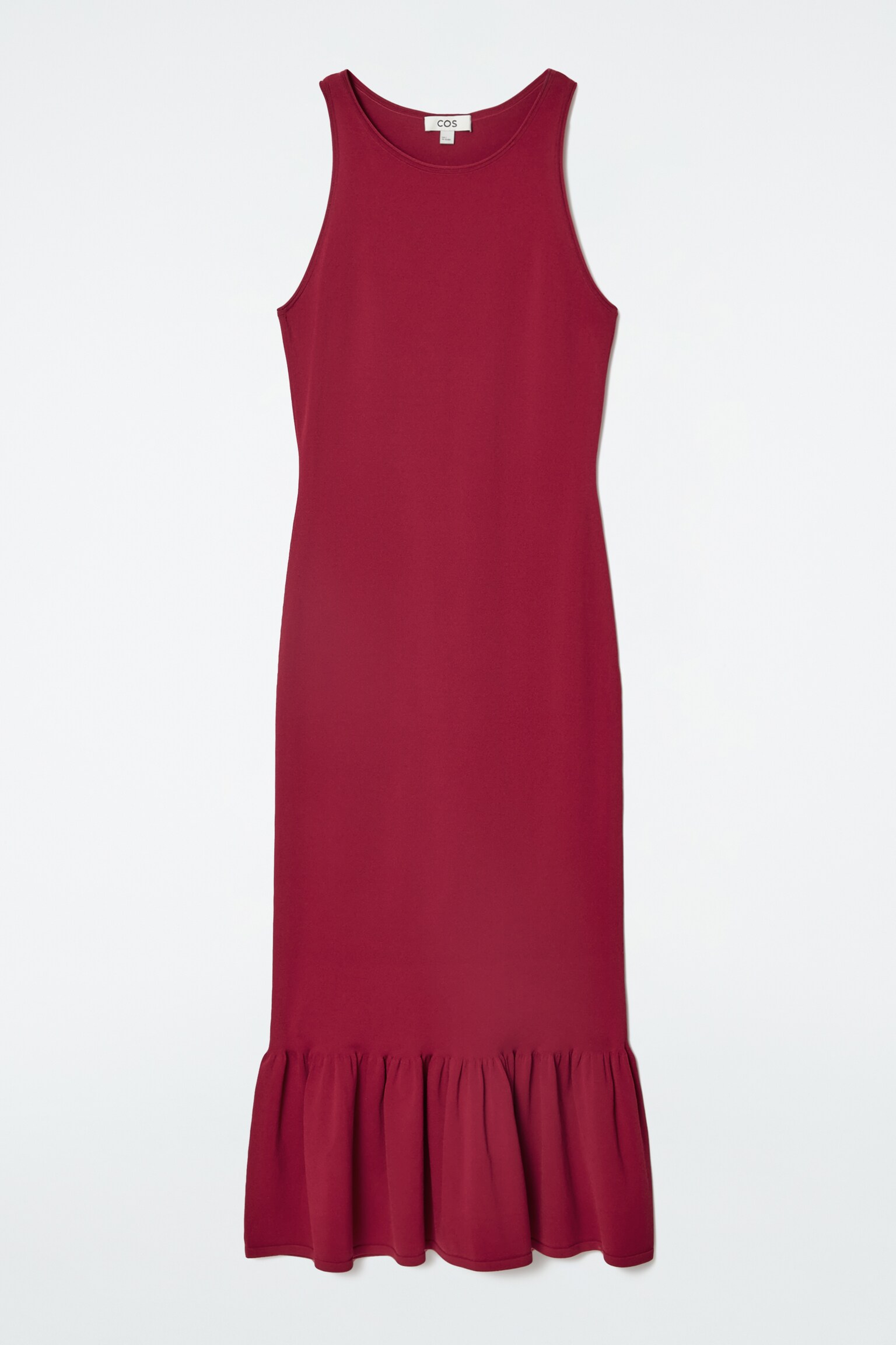 KNITTED RUFFLED-HEM MIDI DRESS - DARK RED/BLACK