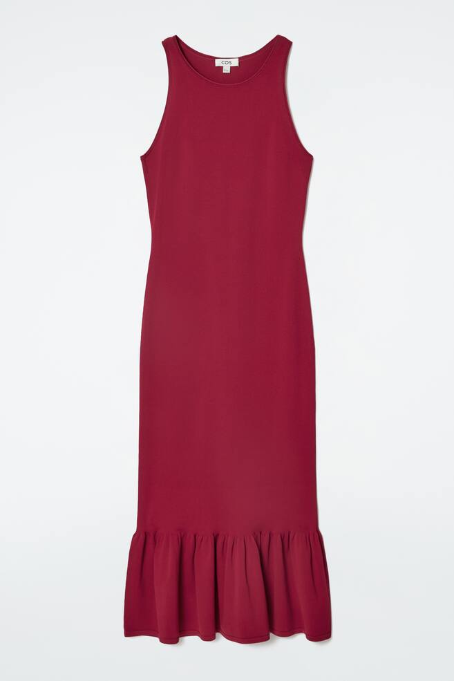 KNITTED RUFFLED-HEM MIDI DRESS - DARK RED - 1