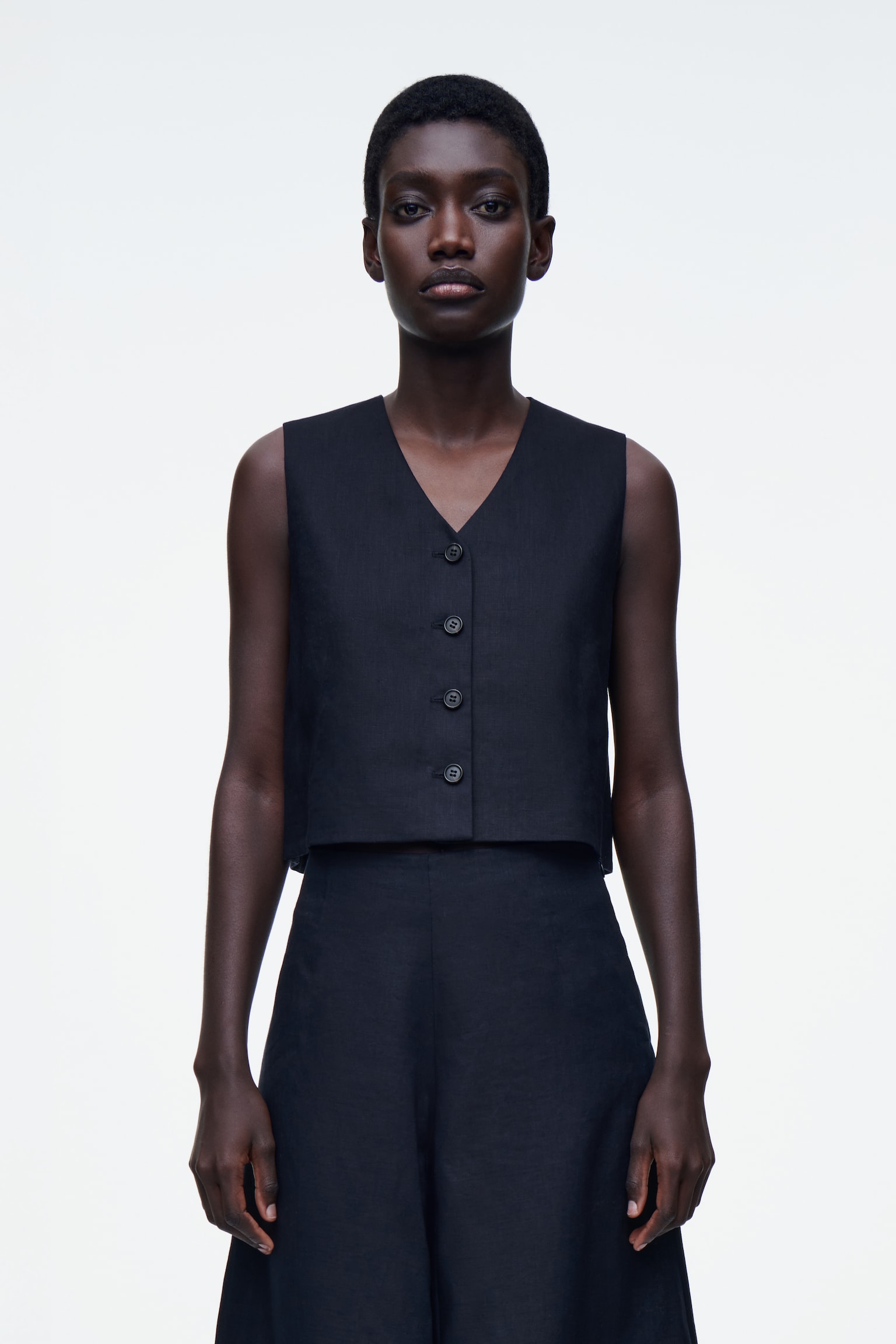 GILET COURT EN LIN - BLEU MARINE