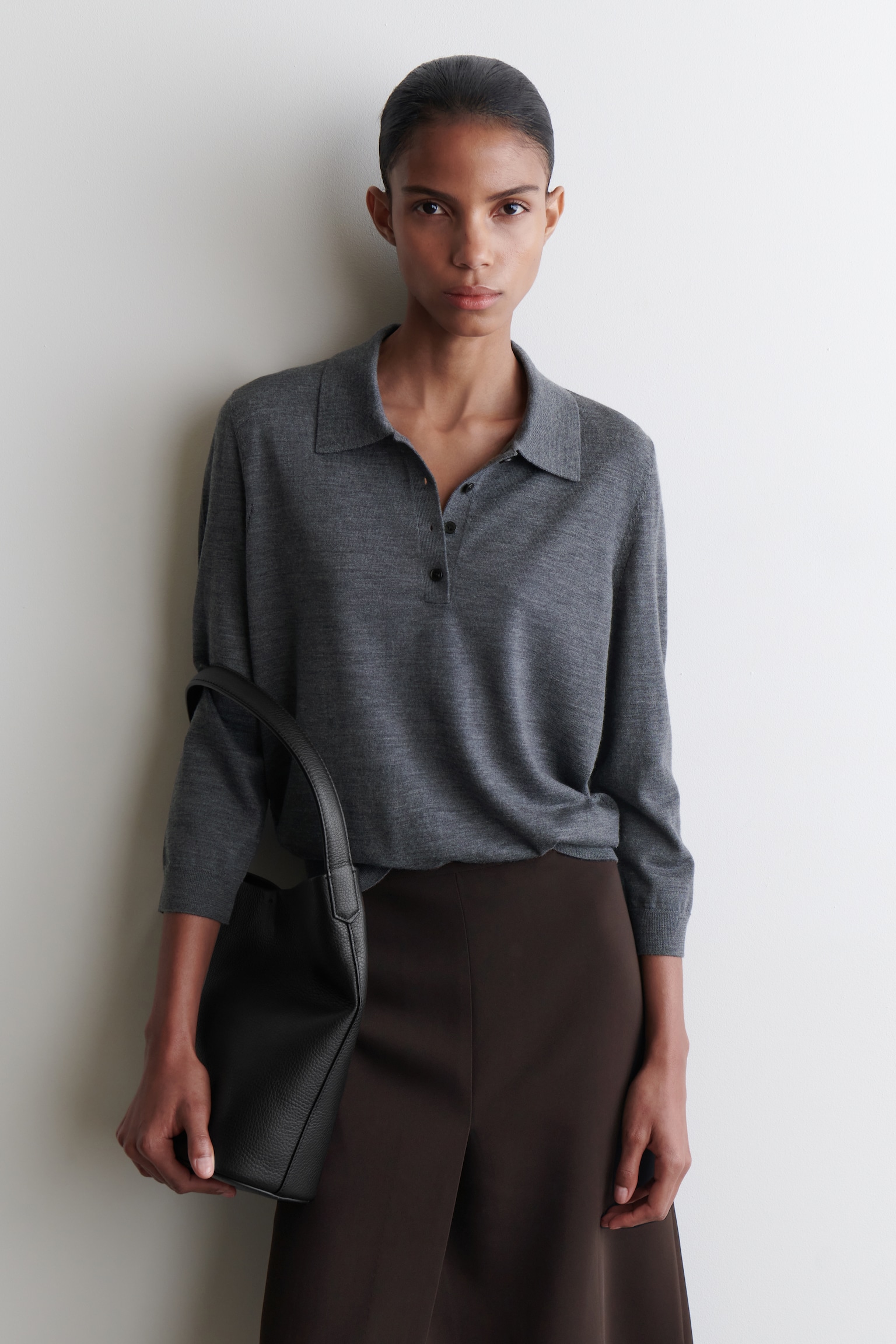 JERSEY POLO DE LANA MERINO - GRIS JASPEADO/NEGRO/TEJA
