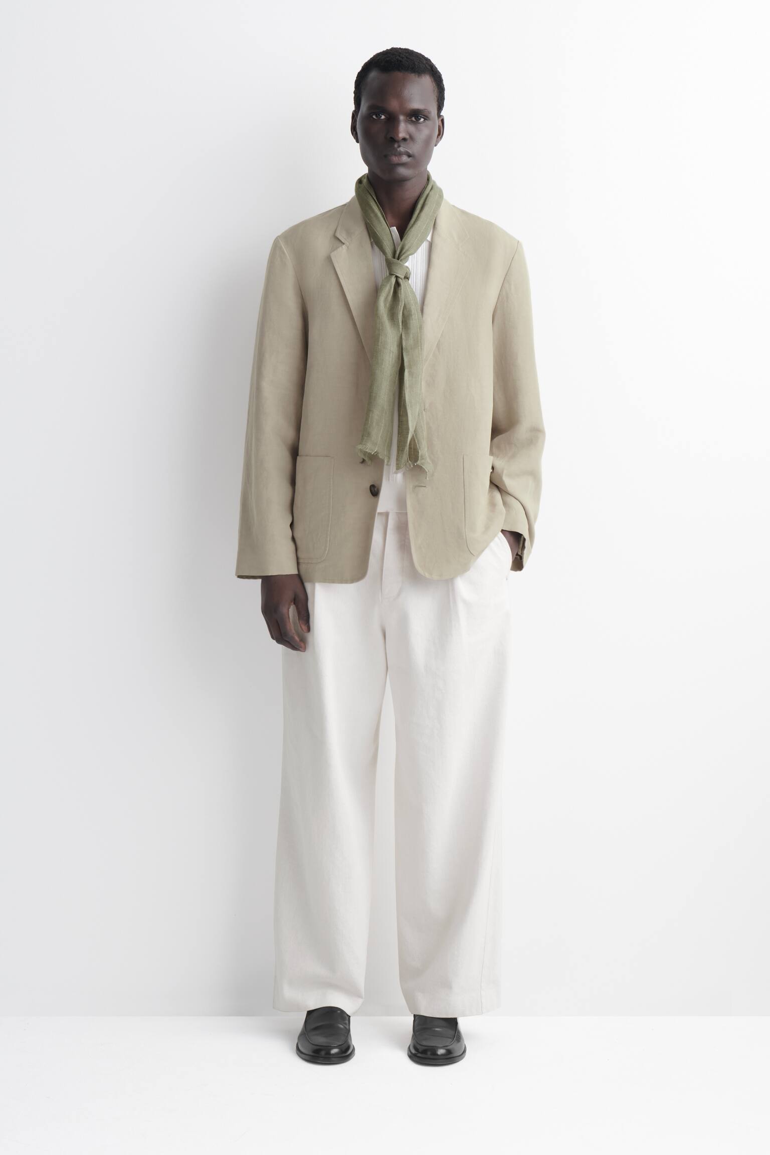צעיף פשתן עם פרנזים - KHAKI / STRIPED/בז' / פסים - 4