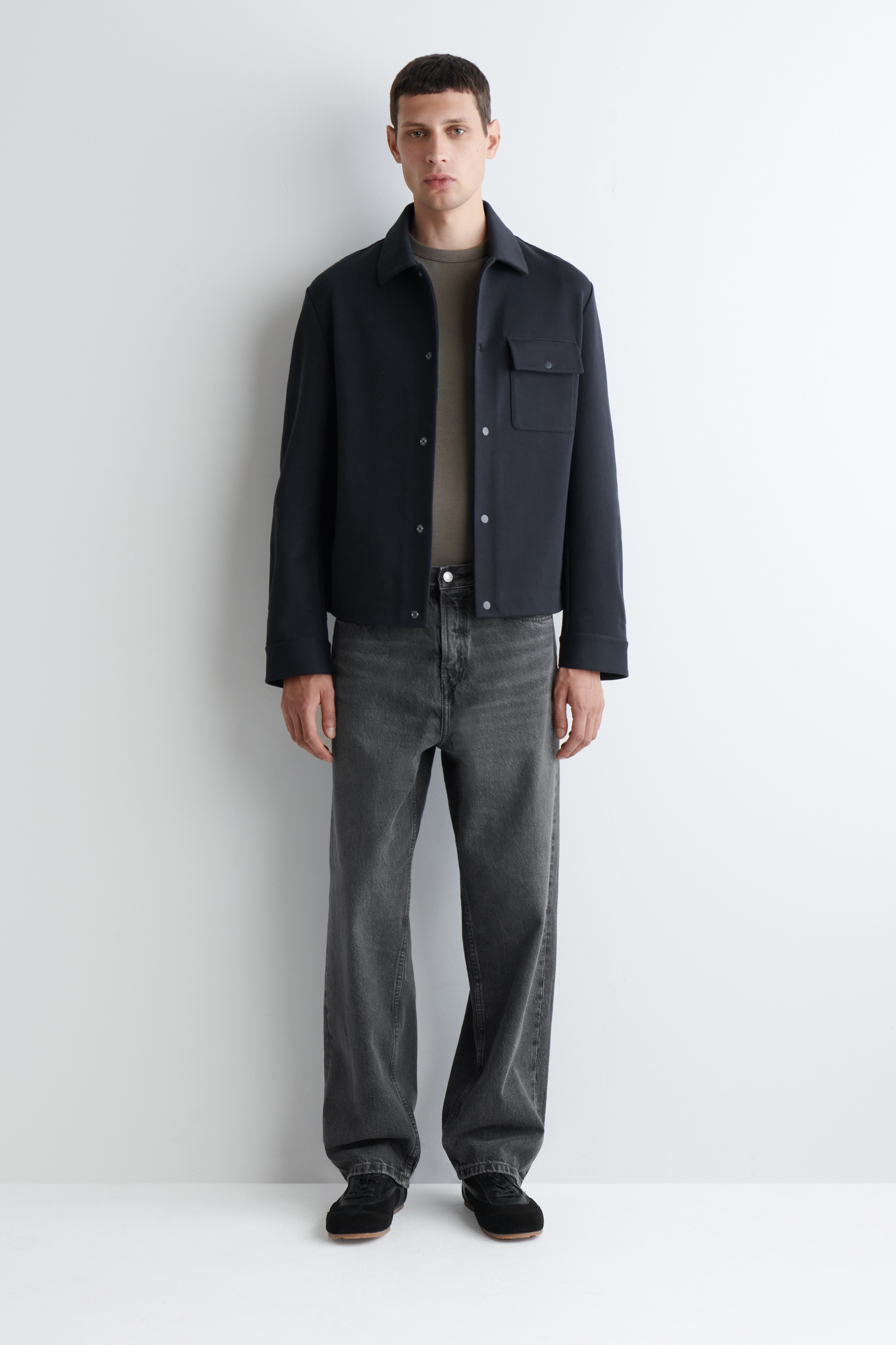 CHAQUETA CAMISERA DE PUNTO Y SARGA - AZUL MARINO/TOPO