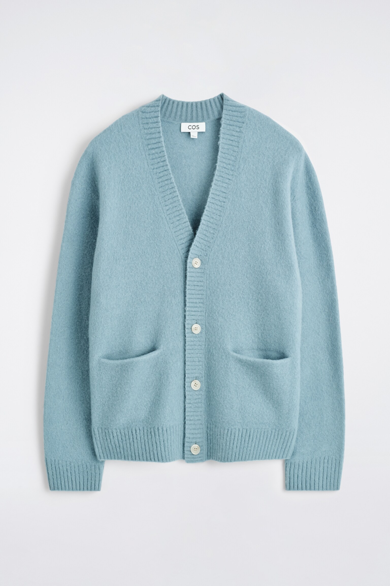 BRUSHED-WOOL V-NECK CARDIGAN - LIGHT BLUE/BEIGE - 2