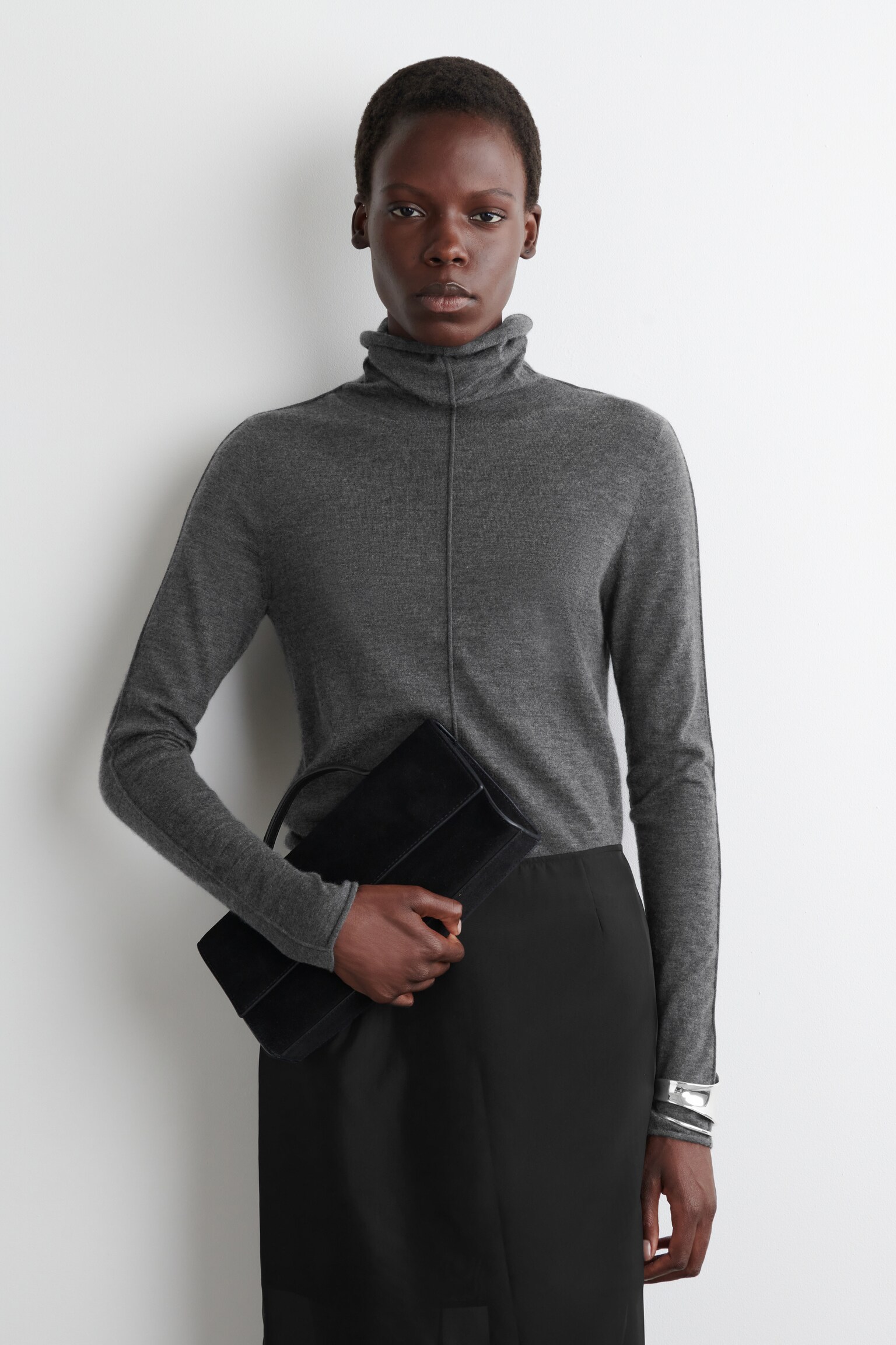CASHMERE ROLL-NECK TOP - GREY MÉLANGE