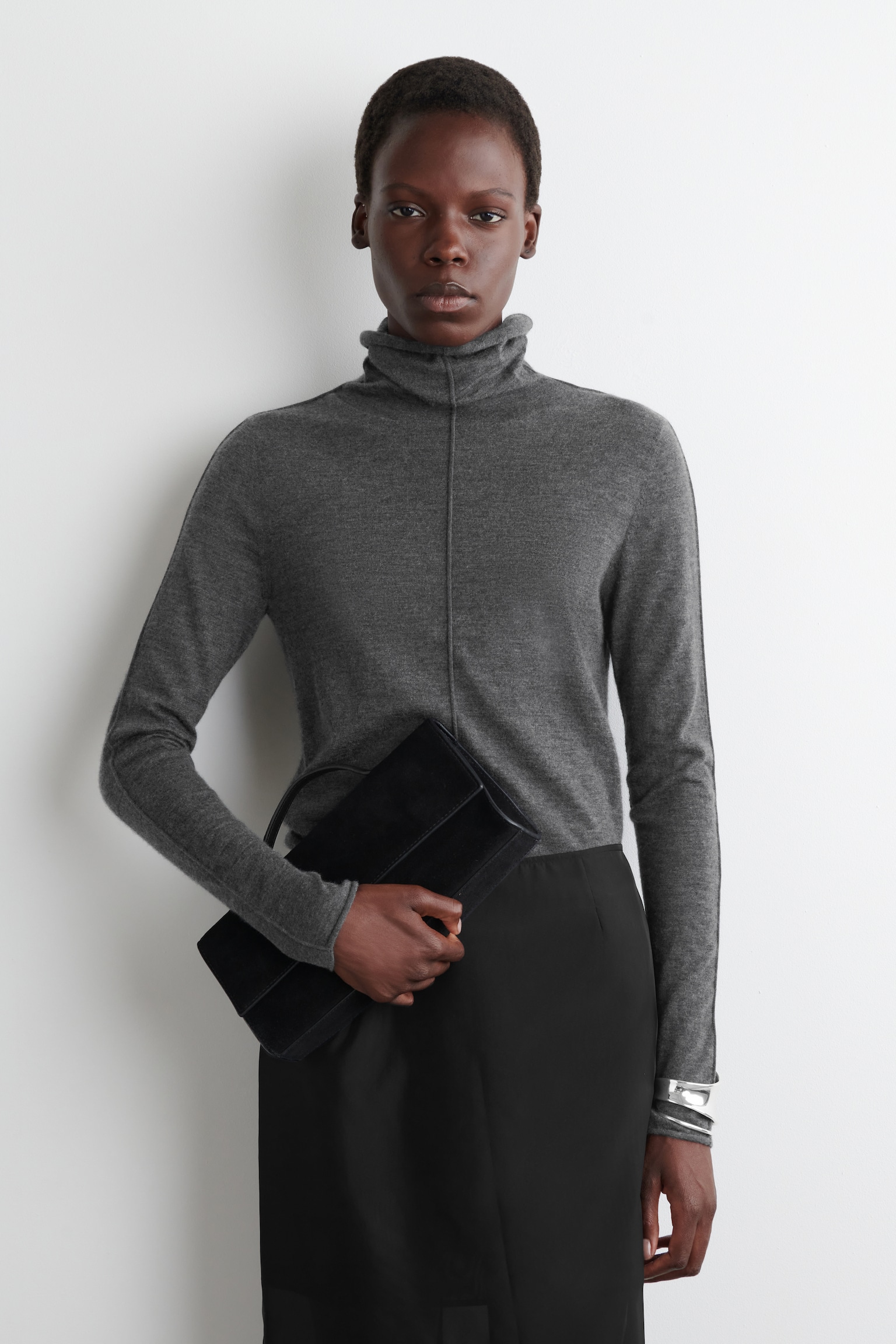 CASHMERE ROLL-NECK TOP - GREY MÉLANGE