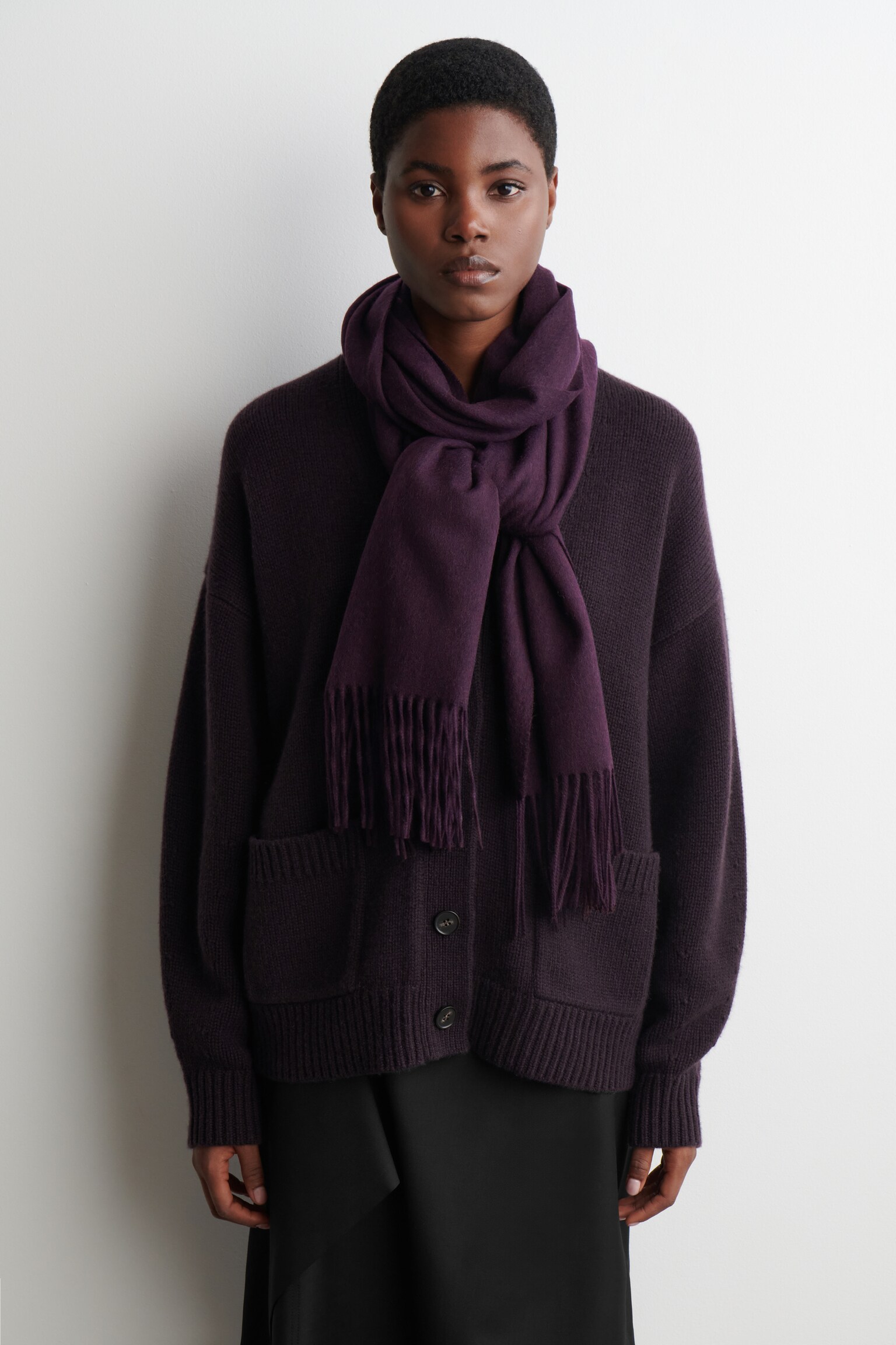 WOLLSCHAL MIT FRANSEN - VIOLETT/ECRU/BEIGE/ROSTBRAUN