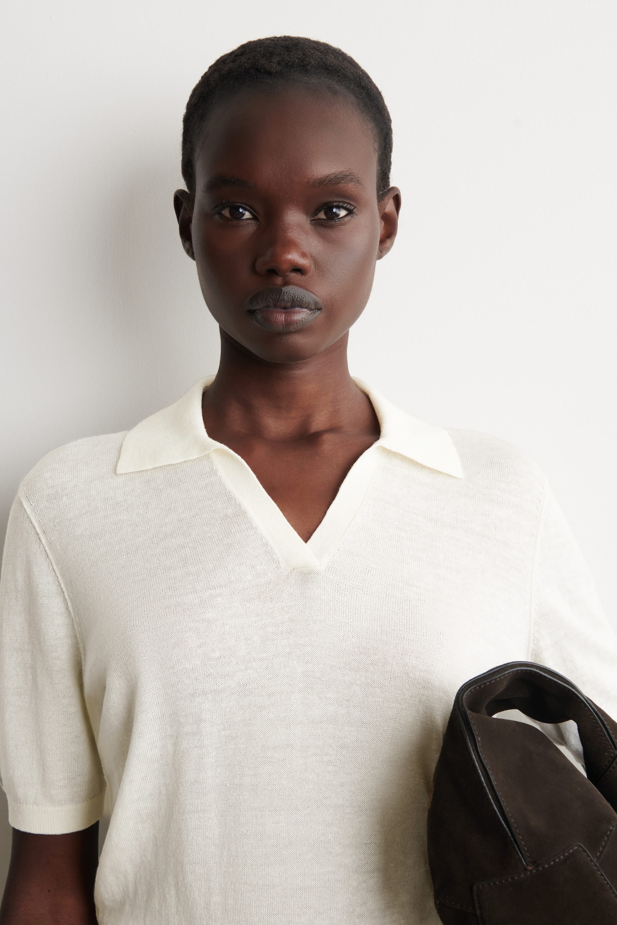 KNITTED LINEN-MERINO POLO SHIRT — CREAM