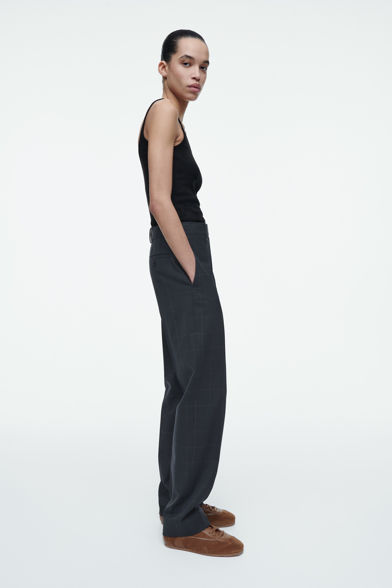 WINDOWPANE-CHECK STRAIGHT-LEG TROUSERS - NAVY / CHECKED - 4