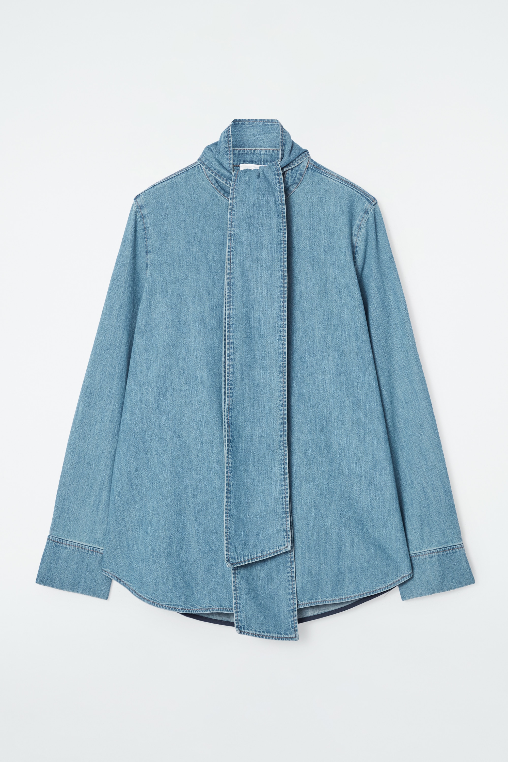NECK-TIE DENIM BLOUSE - DUSTY BLUE