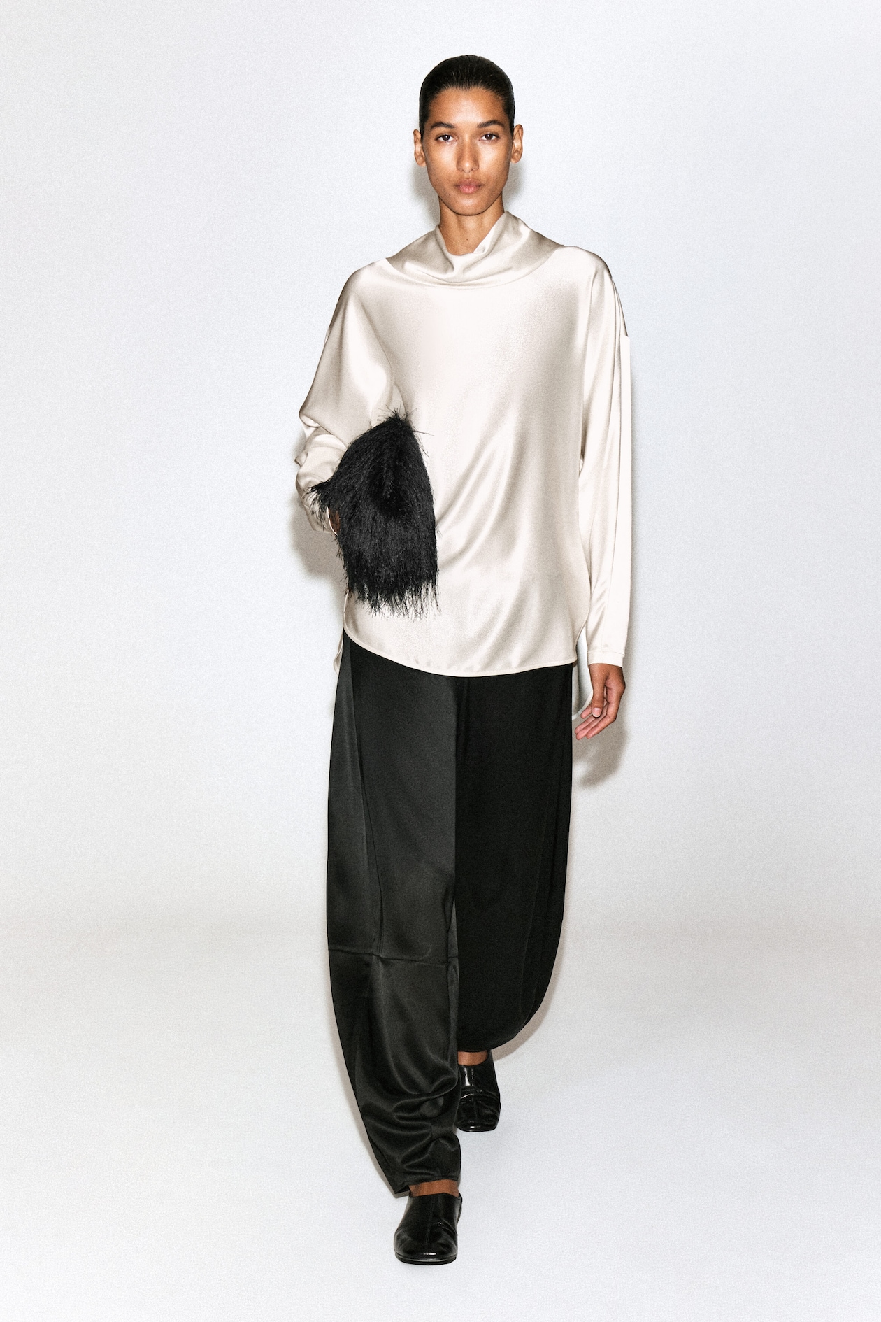 COWL-NECK SATIN BLOUSE — CREAM