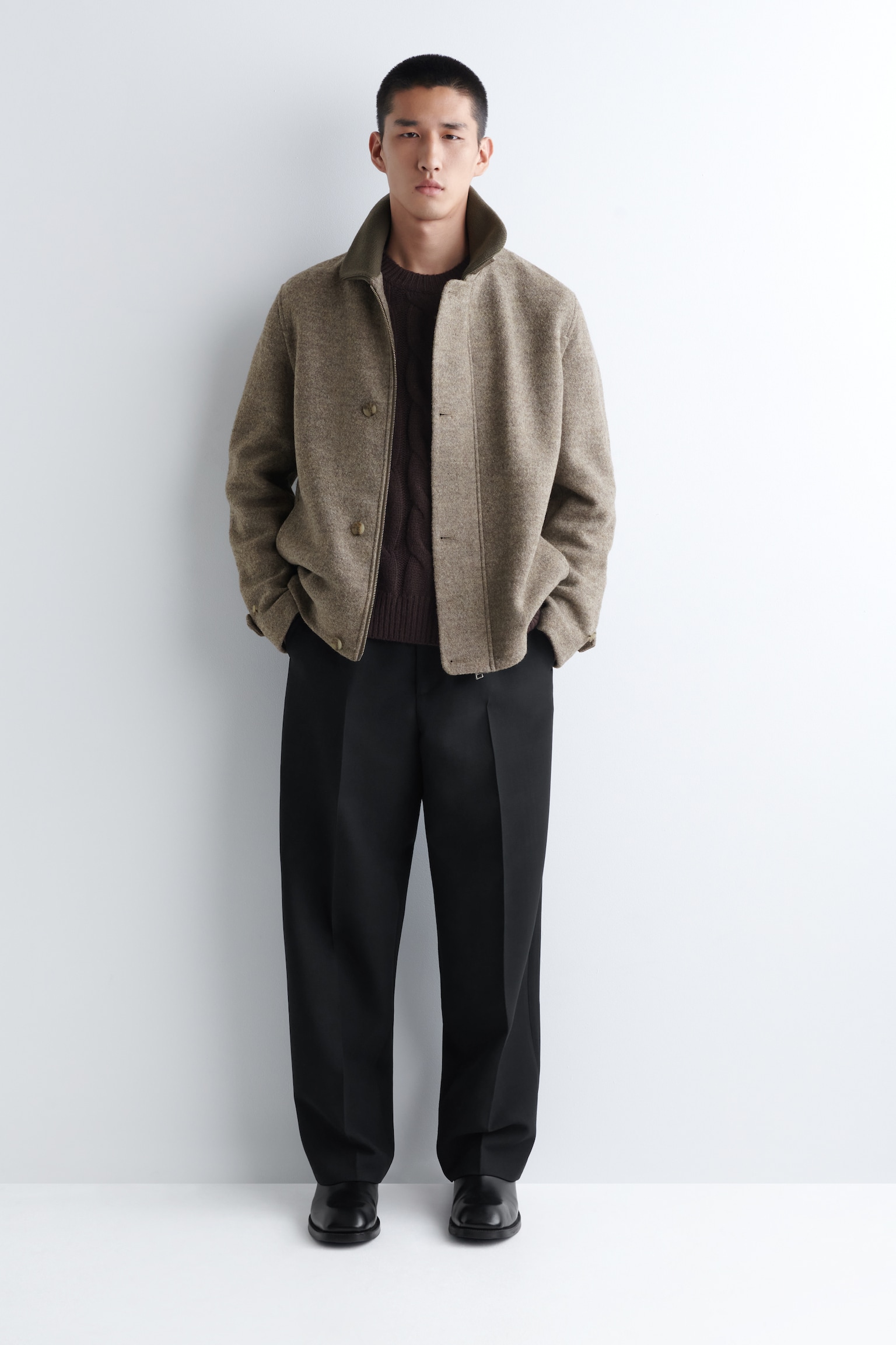 VESTE À COL CÔTELÉ EN LAINE BOUILLIE - TAUPE - 2