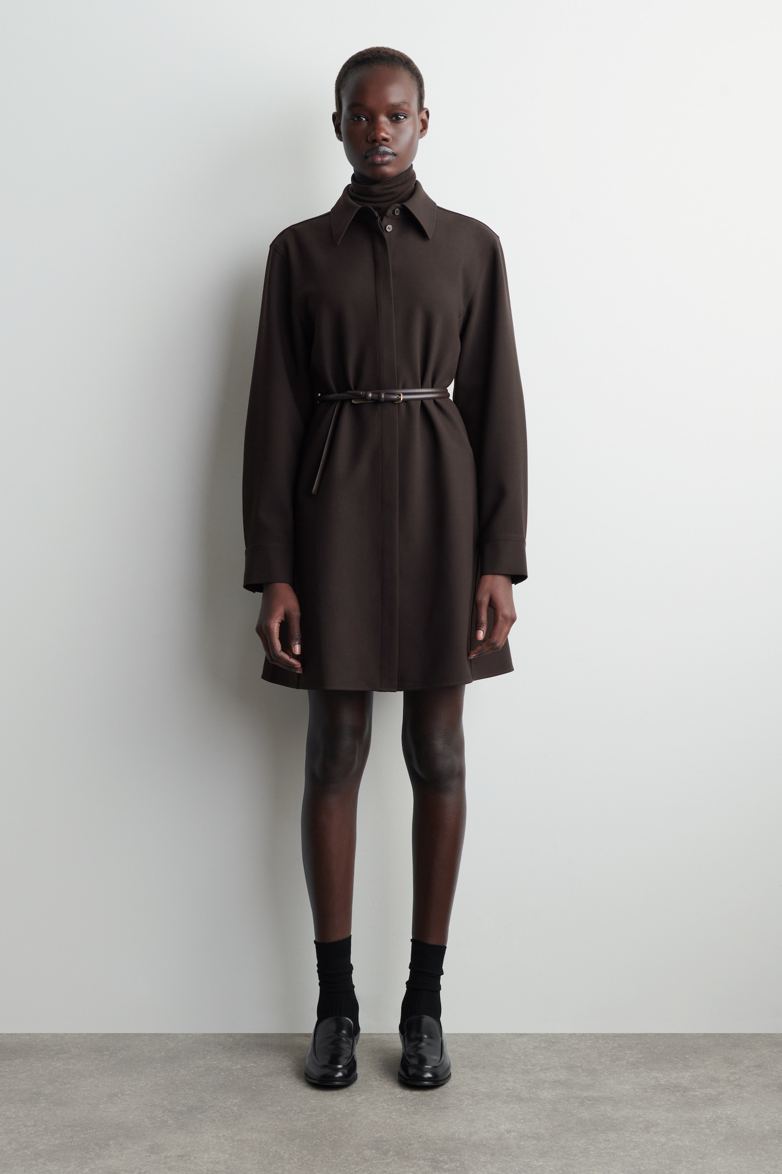 Lange mouwen mini overhemdjurk - DONKERBRUIN - 3