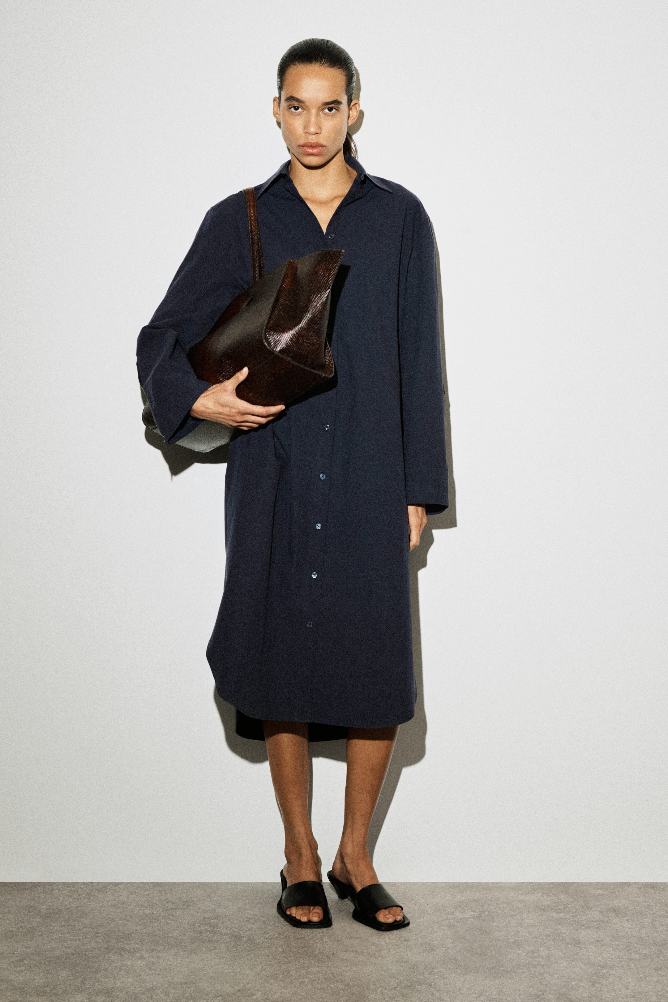 CURVED-SLEEVE COTTON MIDI SHIRT DRESS