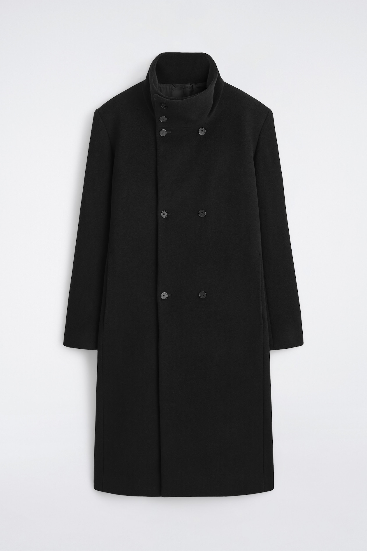TAILORED WOOL FUNNEL-NECK COAT — BLACK