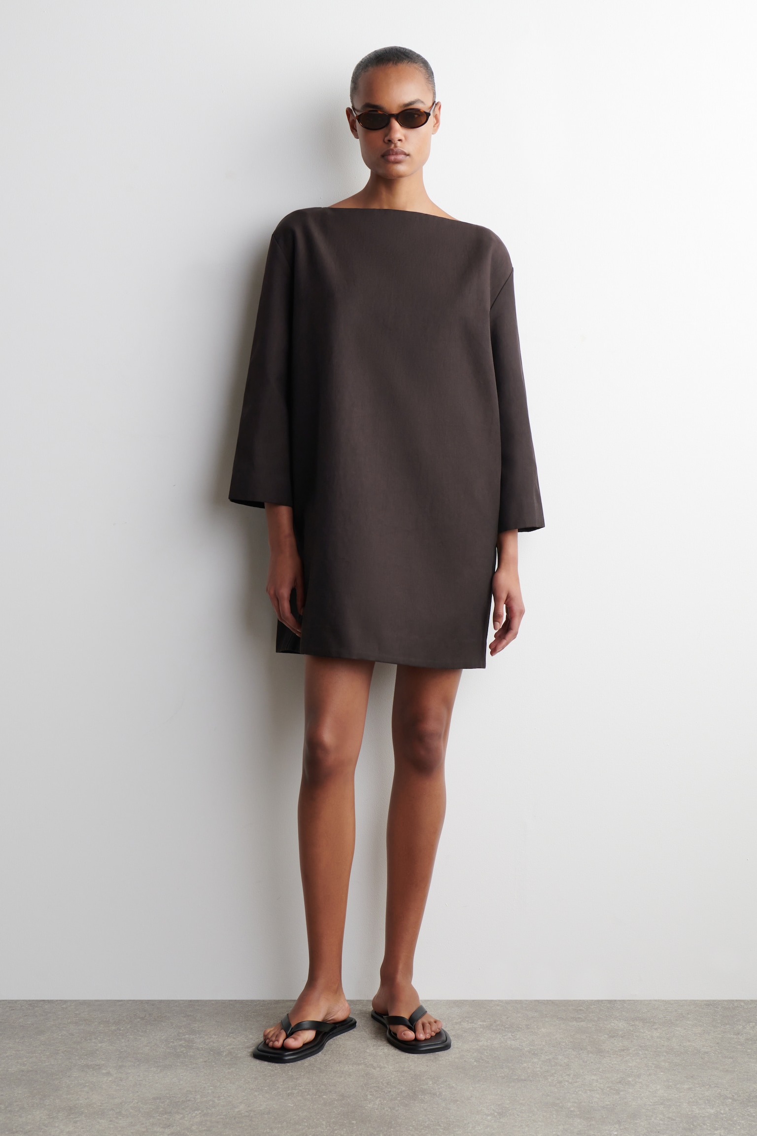 LINEN A-LINE MINI DRESS - BROWN/BLACK