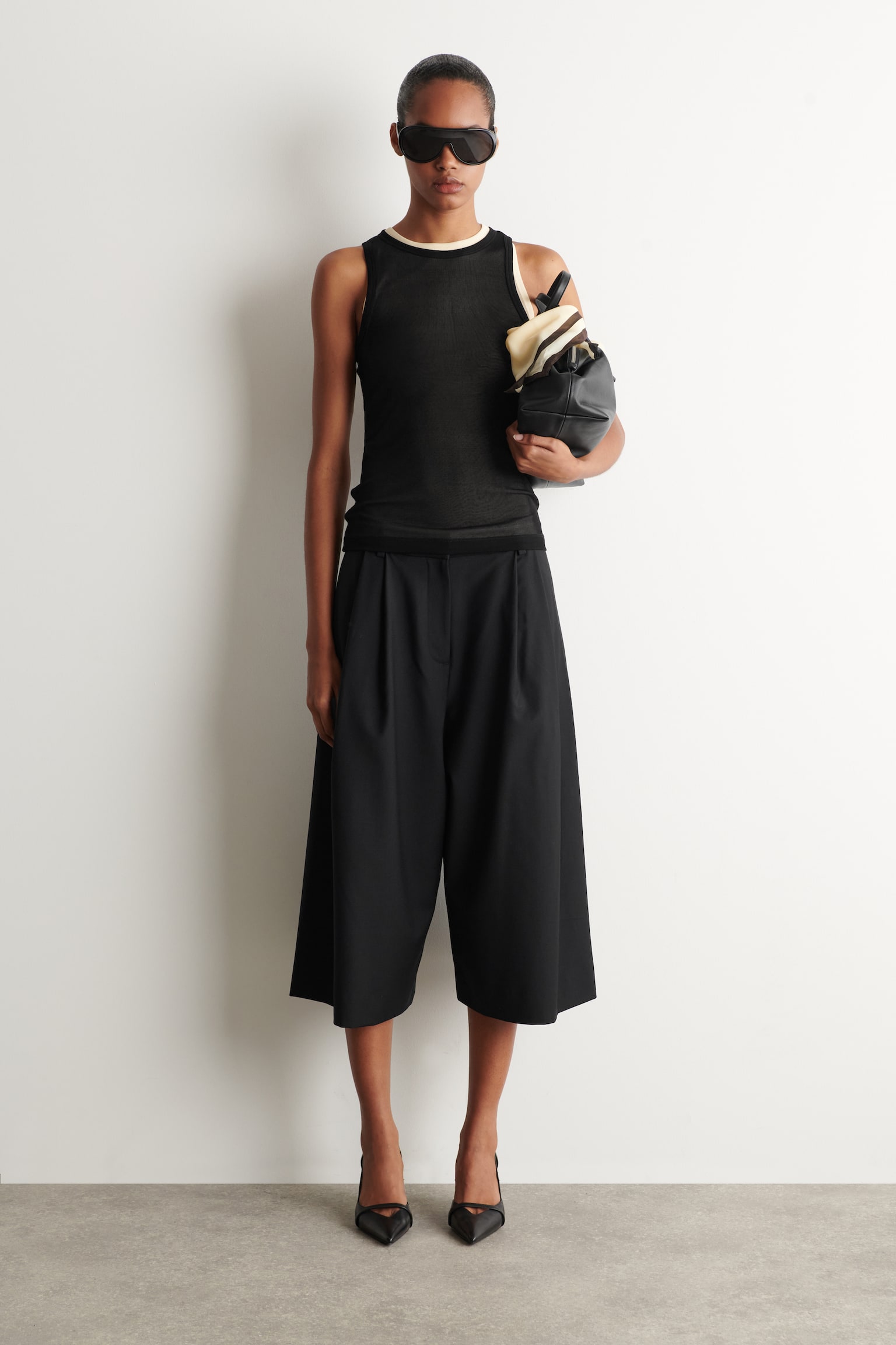 PLEATED WOOL-BLEND CULOTTES - שחור/אפור - 1