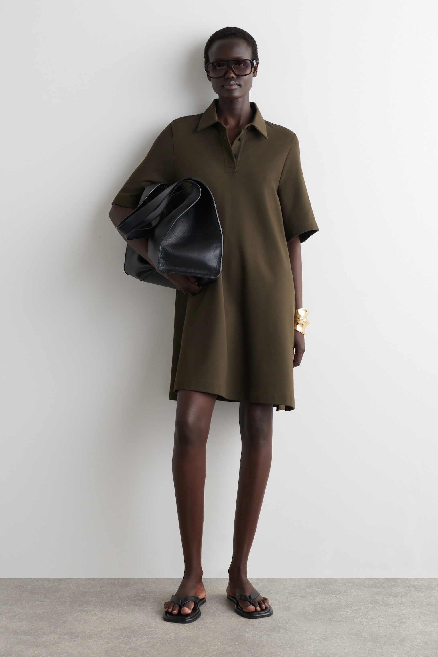 JERSEY POLO MINI DRESS - DARK KHAKI/NAVY