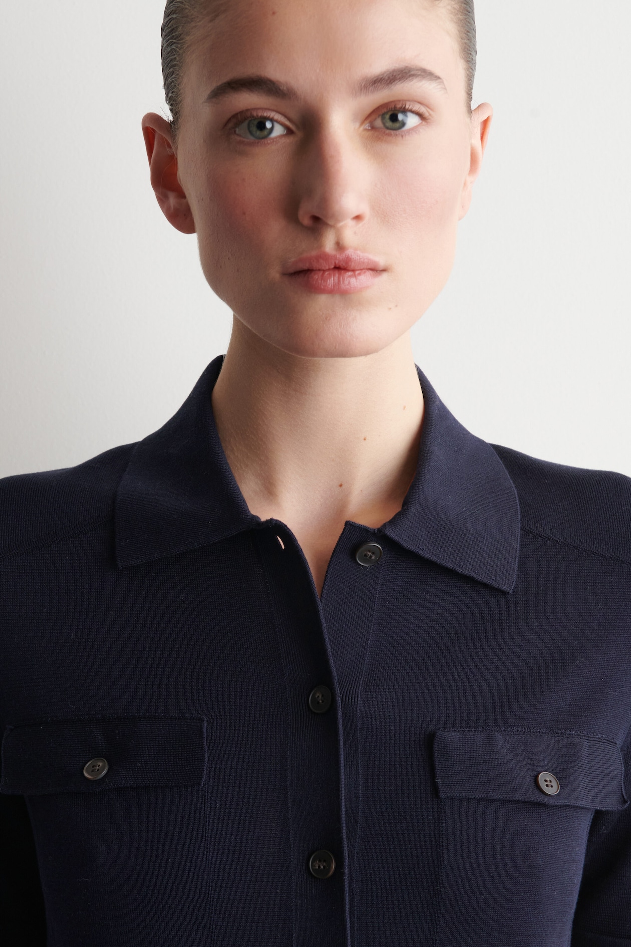 POCKET-DETAIL KNITTED COTTON MINI DRESS — NAVY