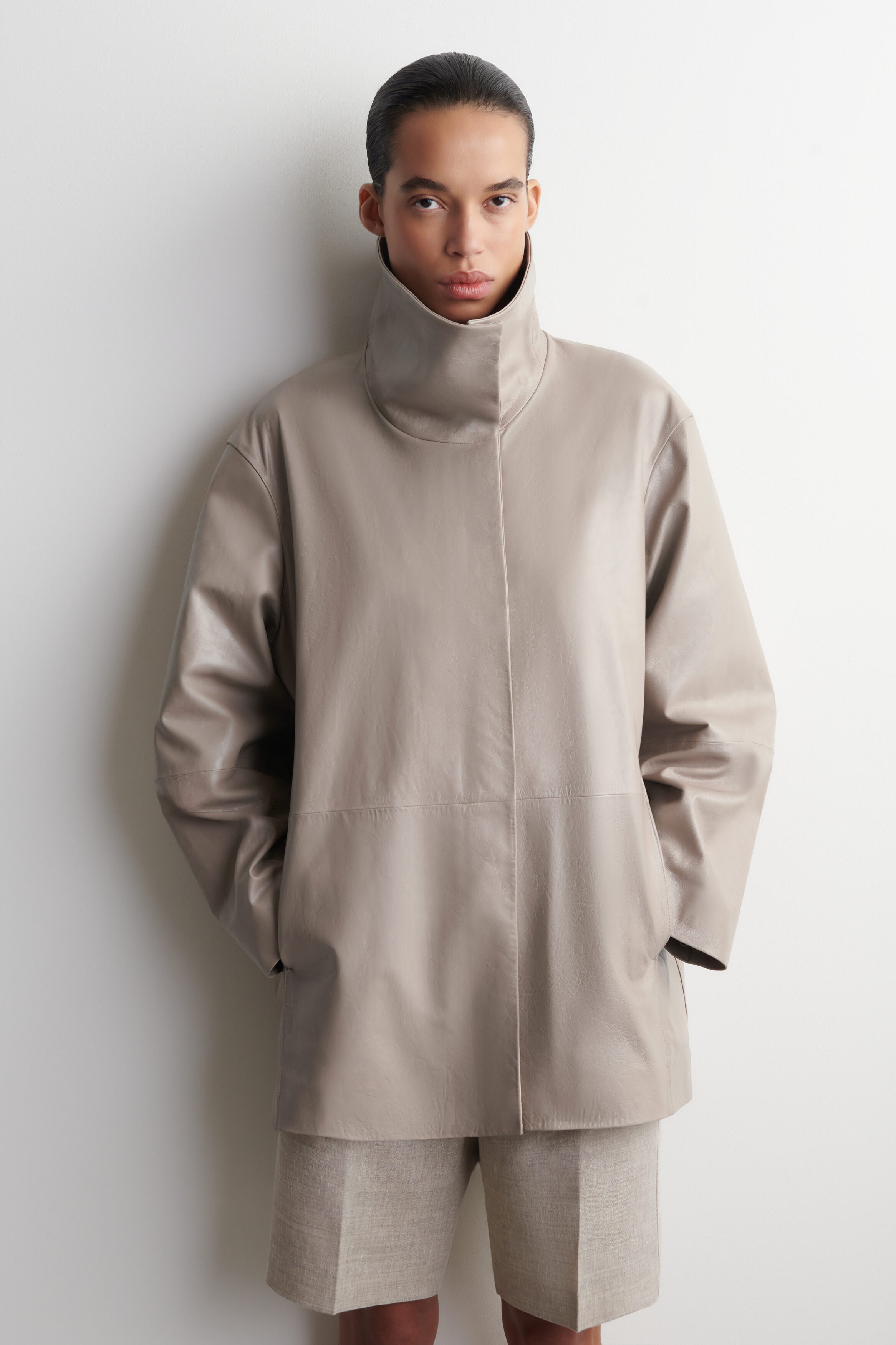 OVERSIZED LEATHER MOCK-NECK BOMBER JACKET - WHEAT | COS US