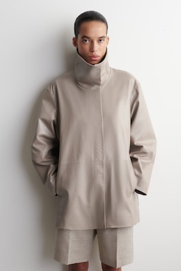 OVERSIZED LEATHER FUNNEL-NECK BOMBER JACKET — WHEAT 2