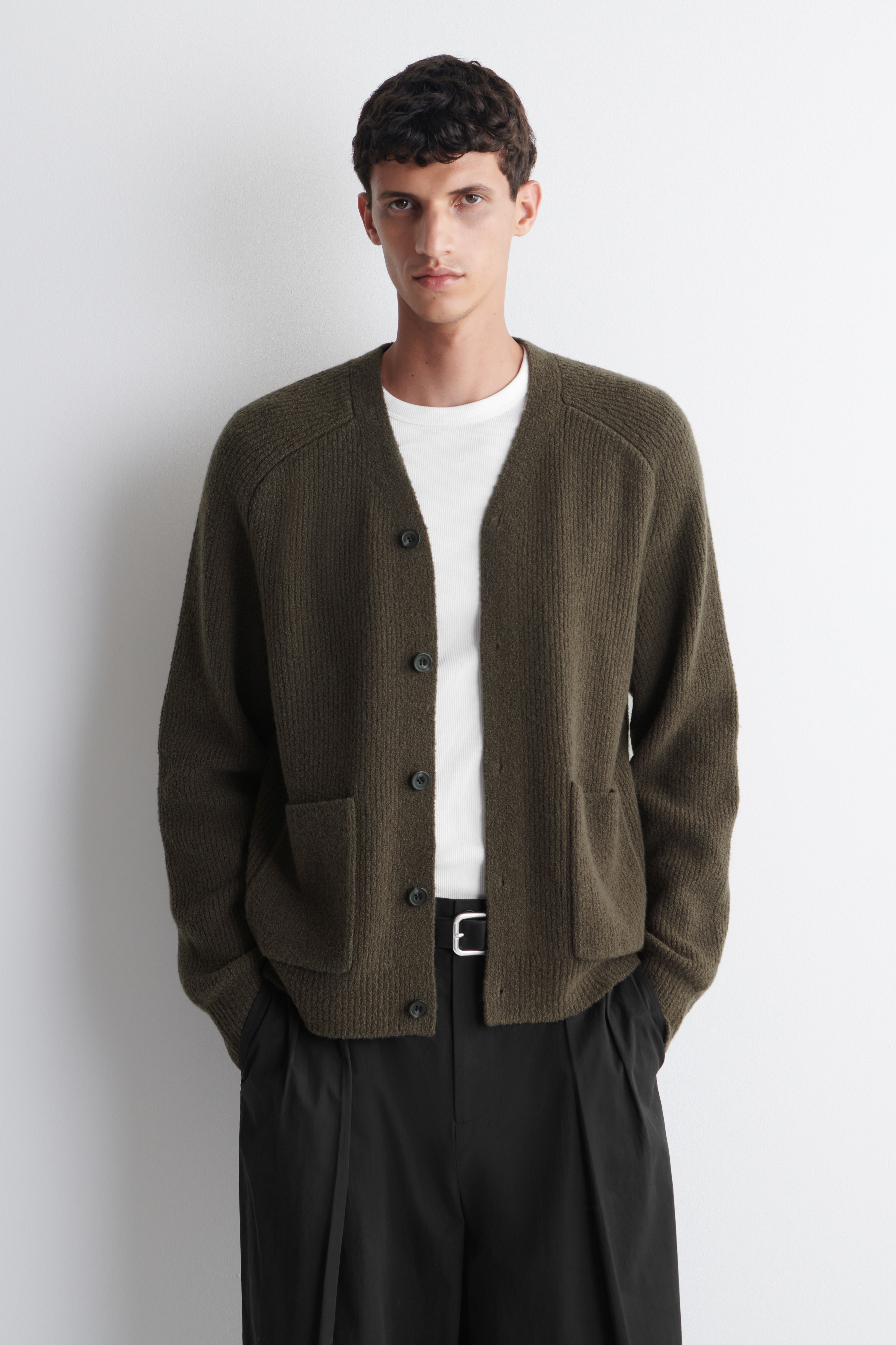 WOOL-BLEND BOUCLÉ CARDIGAN - BROWN