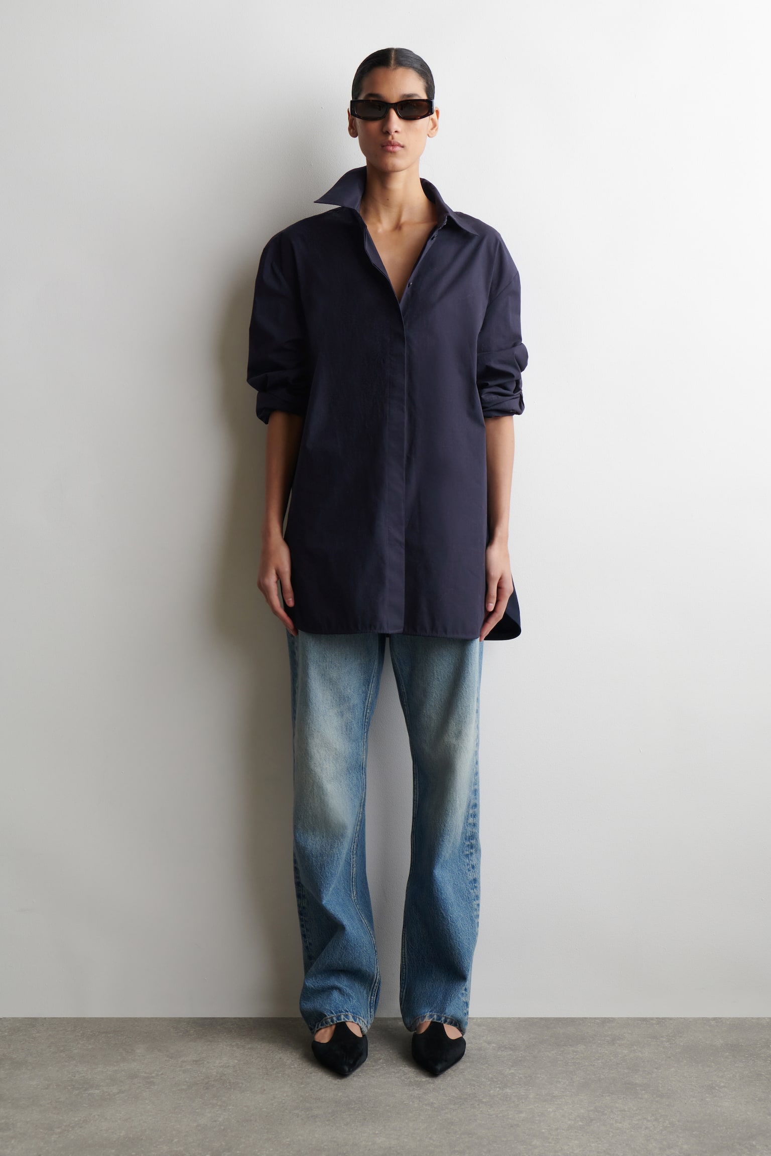 OP MAAT GEMAAKT KATOENEN OVERHEMD - MARINEBLAUW/WIT - 3