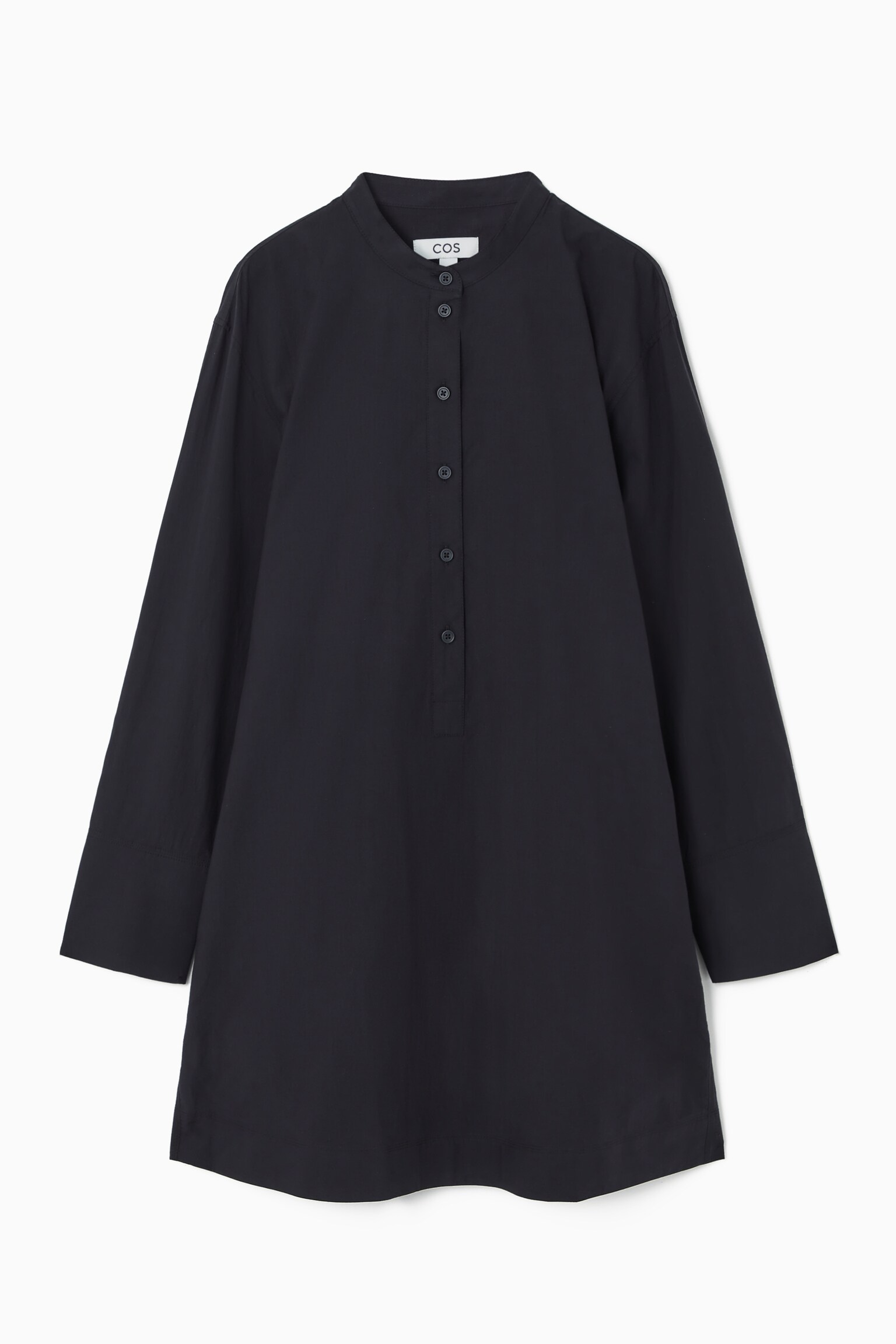 COLLARLESS MINI SHIRT DRESS - NAVY