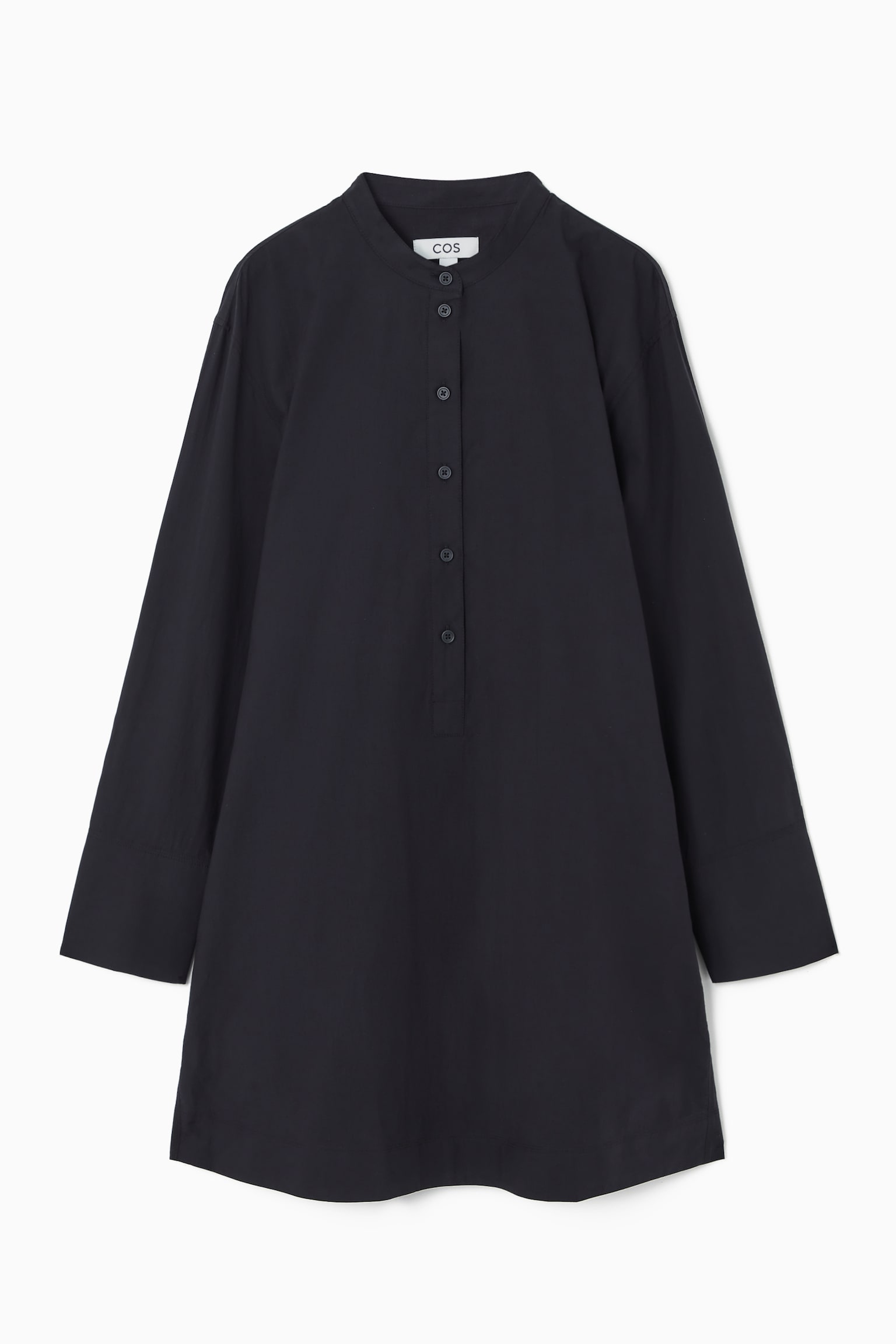 COLLARLESS MINI SHIRT DRESS - NAVY/ORANGE