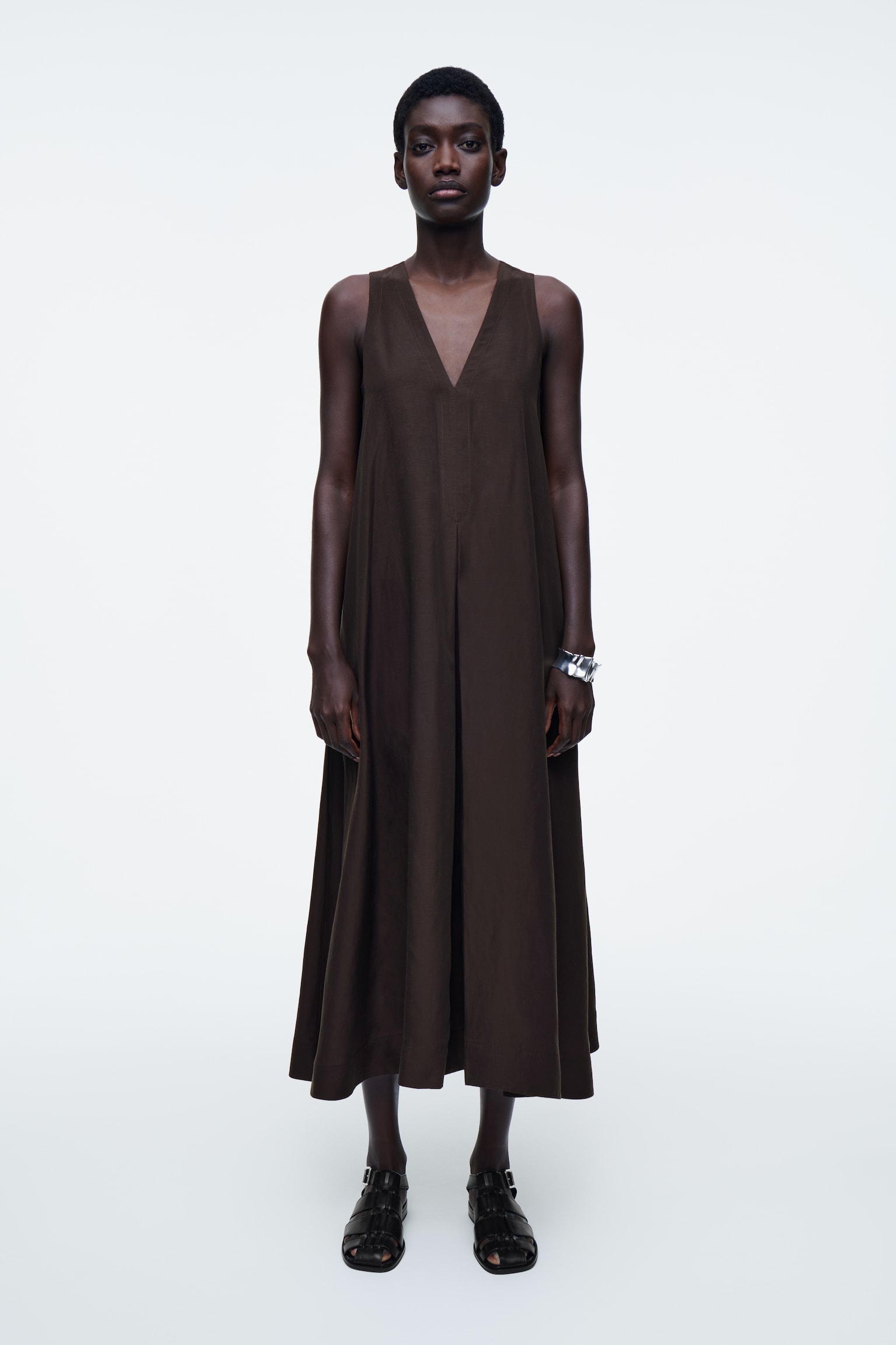 A-LINE LINEN-BLEND MAXI DRESS - BROWN/APRICOT