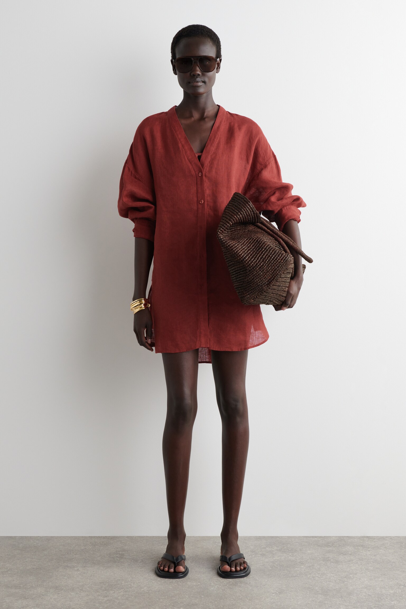 CAMICIA OVERSIZE CON SCOLLO A V IN LINO - ROSSO/BIANCO - 8