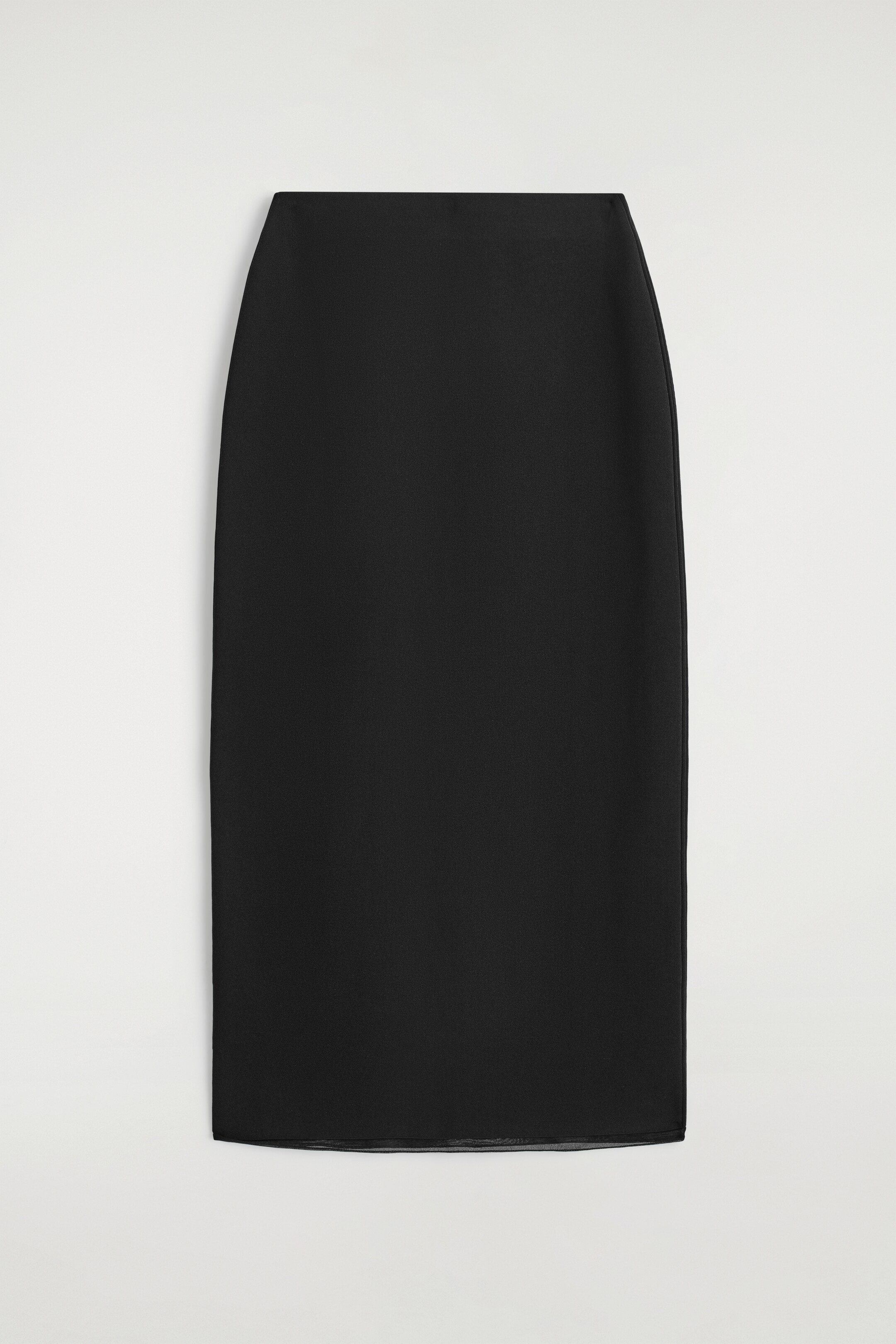 View larger image: A black straight-cut skirt is displaying from the front, featuring a flat waistband, smooth subtly textured fabric, and a sleek silhouette.