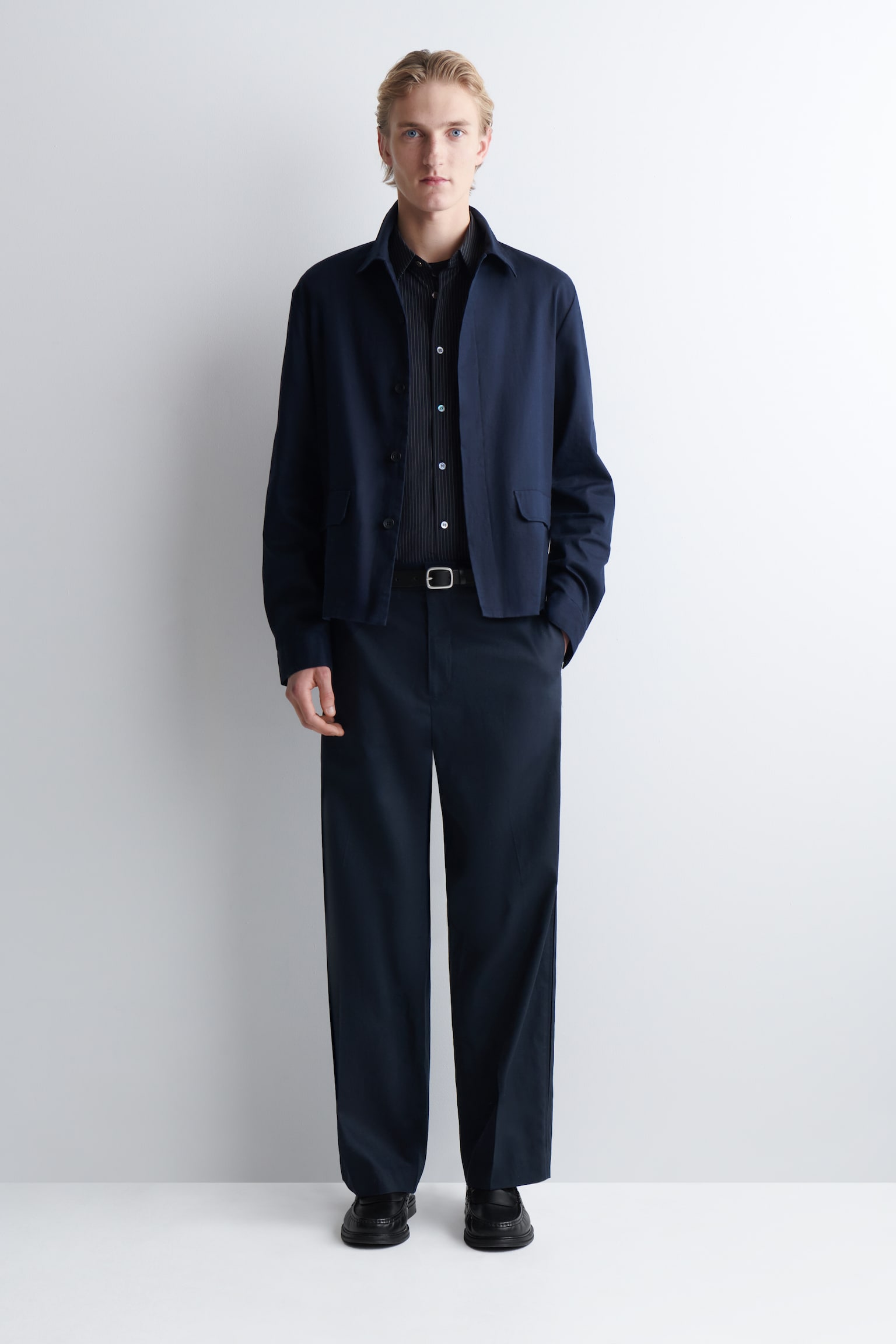 COTTON-LINEN RELAXED-FIT STRAIGHT-LEG TROUSERS - NAVY - 1