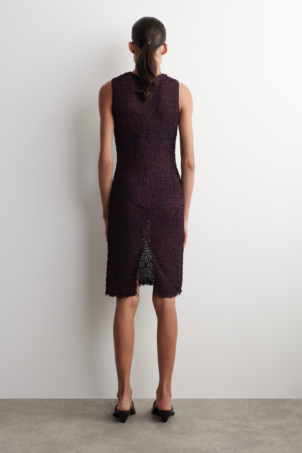 CROCHET-KNIT TAPE-YARN MIDI DRESS — BORDEAUX