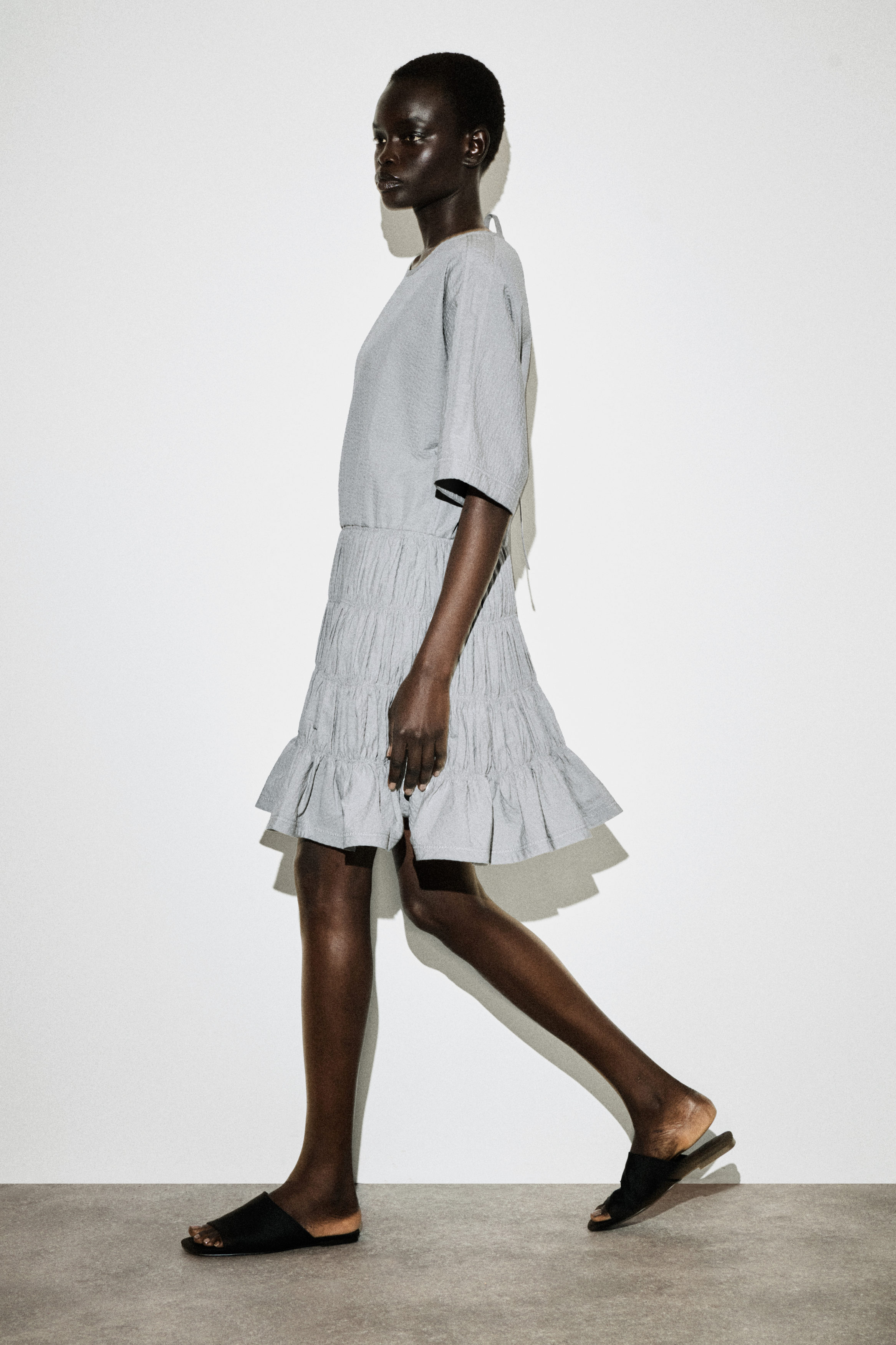 SMOCKED SEERSUCKER MINI DRESS - GRAY | COS US