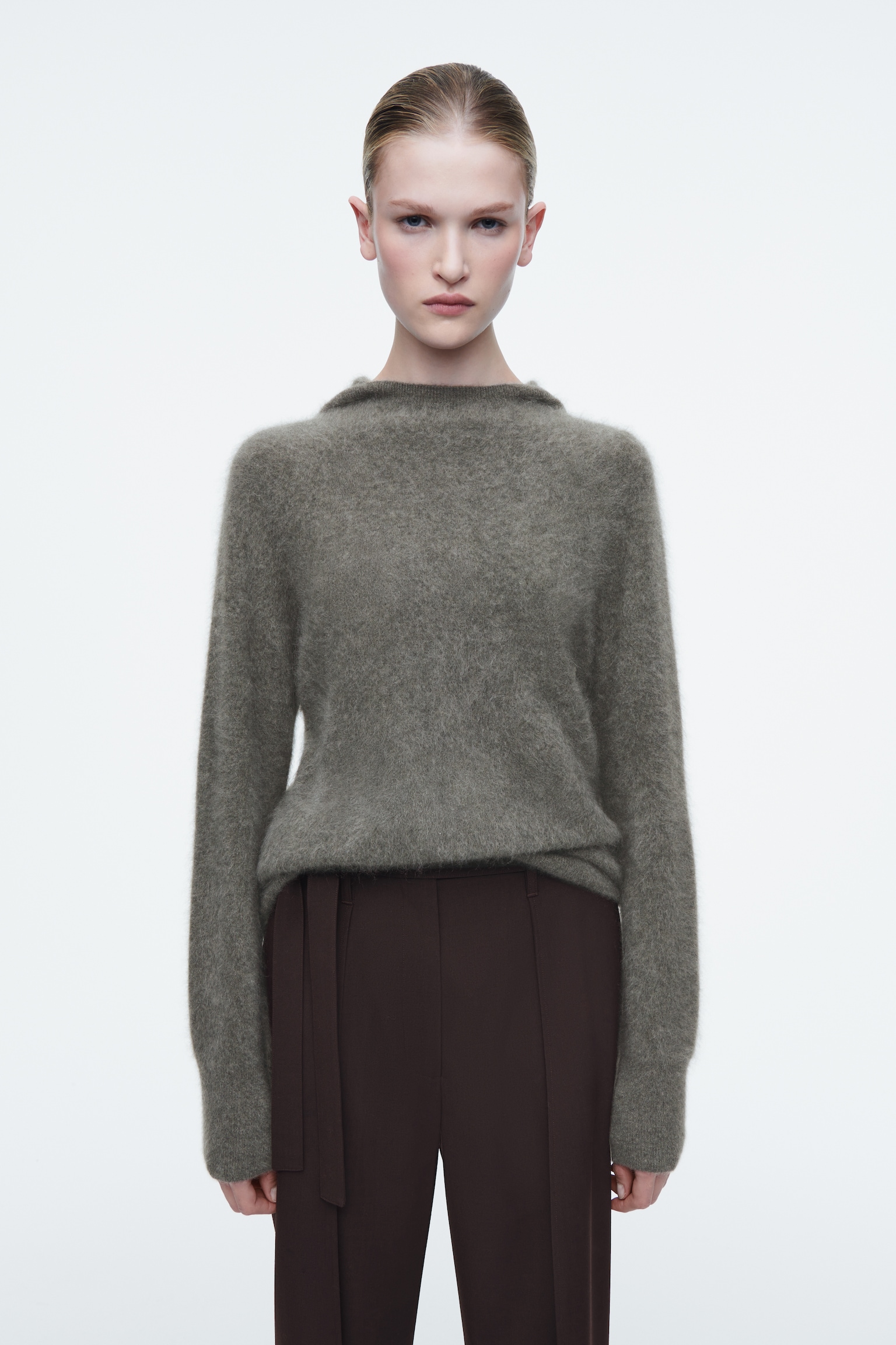 BRUSHED-CASHMERE HOODIE - GREEN-GREY/BLACK