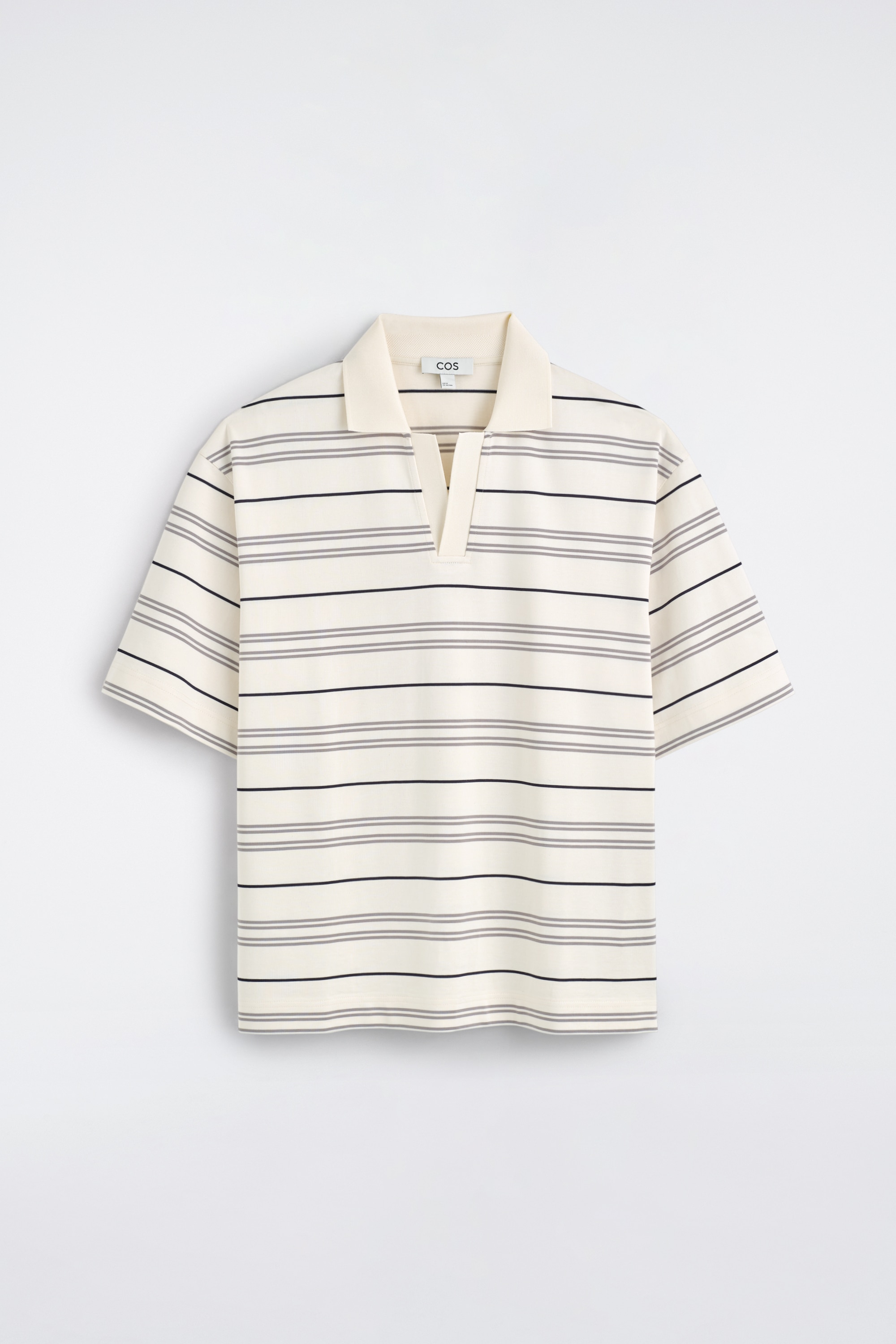 GESTREIFTES POLOSHIRT MIT OFFENEM KRAGEN - ELFENBEIN/GESTREIFT