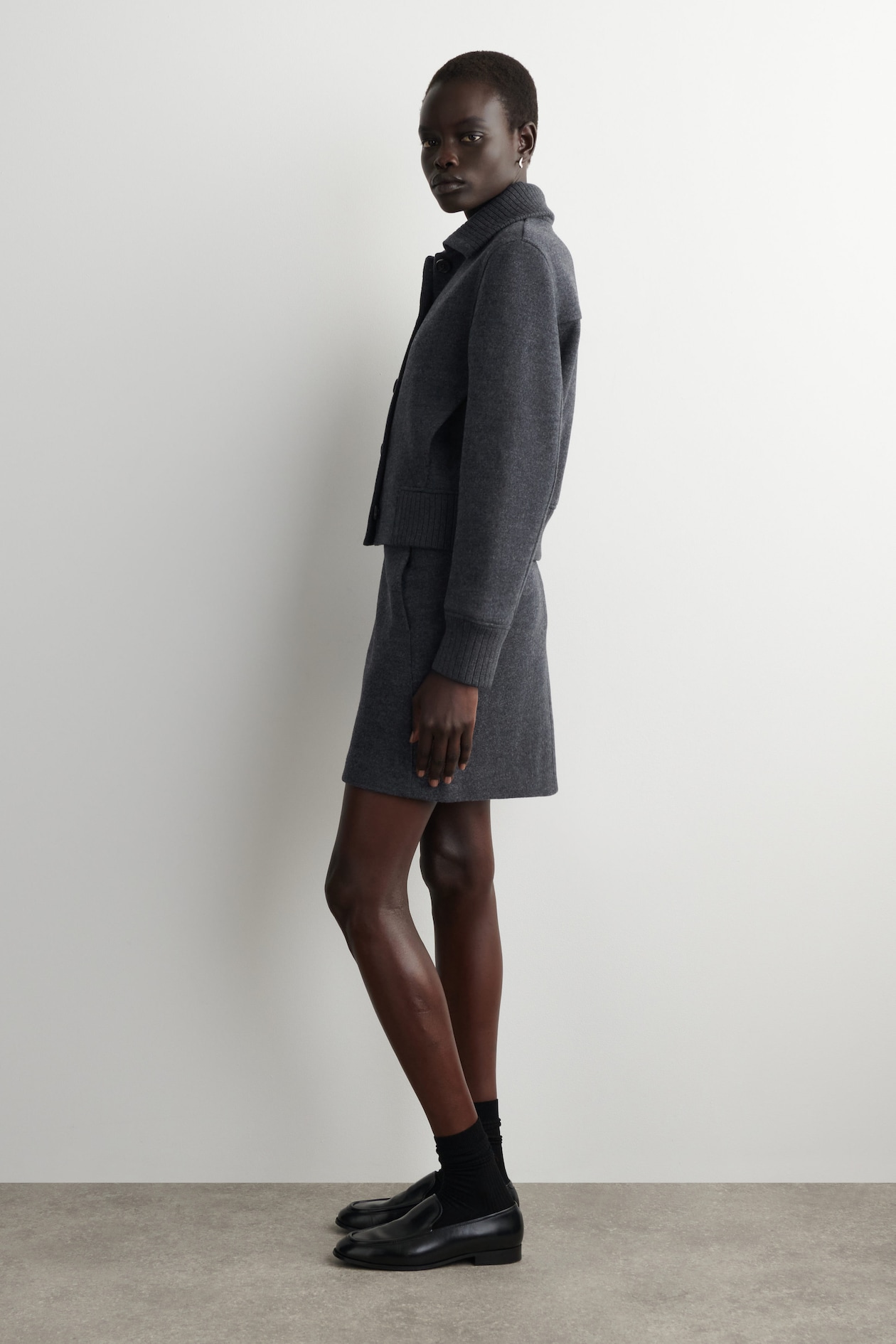 BOILED MERINO WOOL MINI SKIRT — GREY