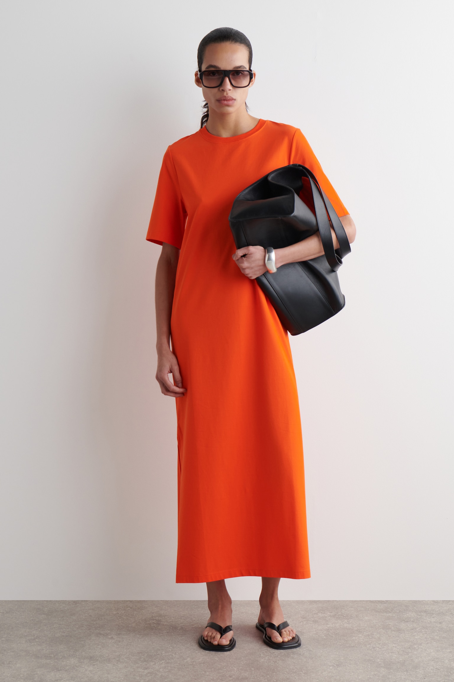 COTTON MIDI T-SHIRT DRESS - ORANGE/BLACK/BROWN / WHITE / STRIPED