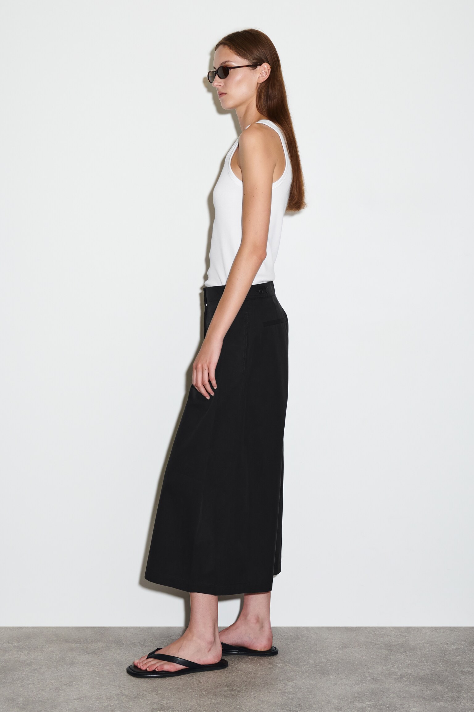 PANTALON COURT LARGE EN COTON - NOIR/BEIGE CLAIR - 5