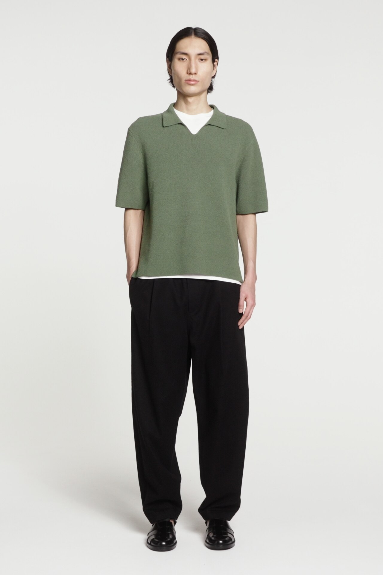 ★COOR★ Open Collar Cotton Polo Shirt (Green) OPEN-COLLAR BOUCLÉ-KNIT POLO SHIRT - GREEN | COS