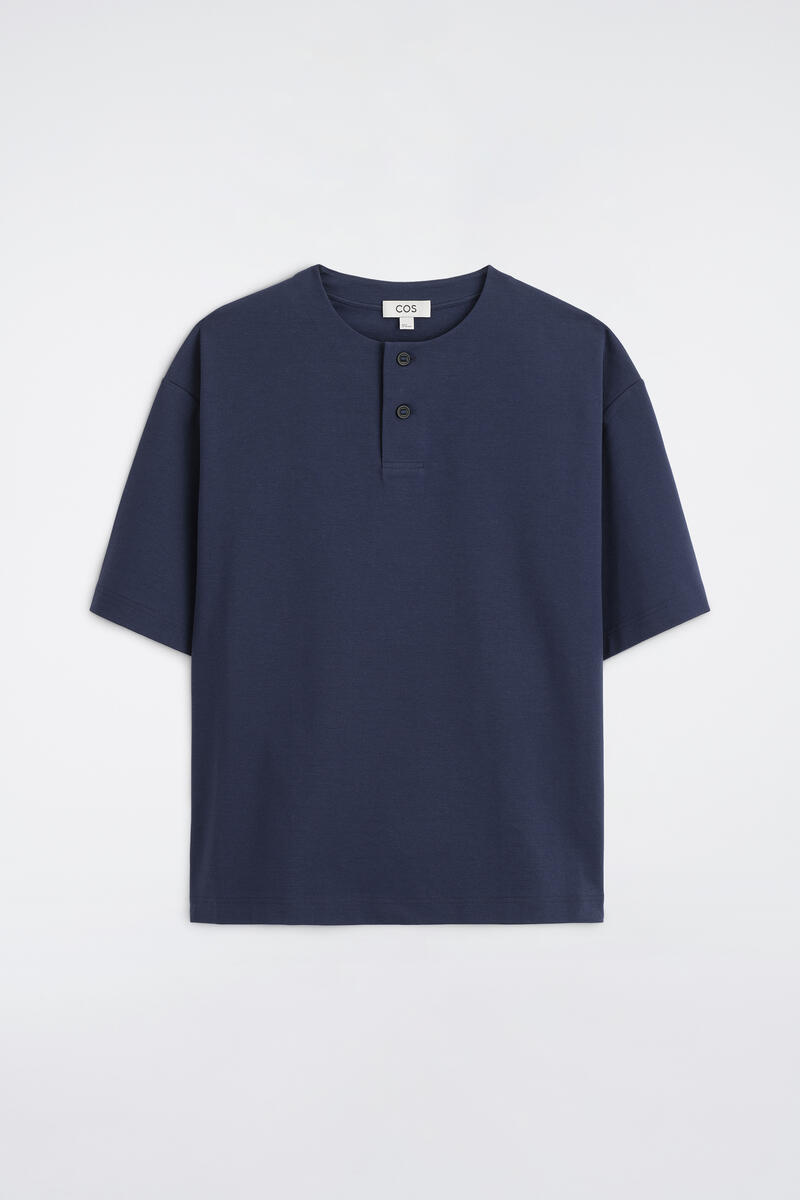 Oversized Cotton-Jersey Henley T-Shirt in Dark Blue