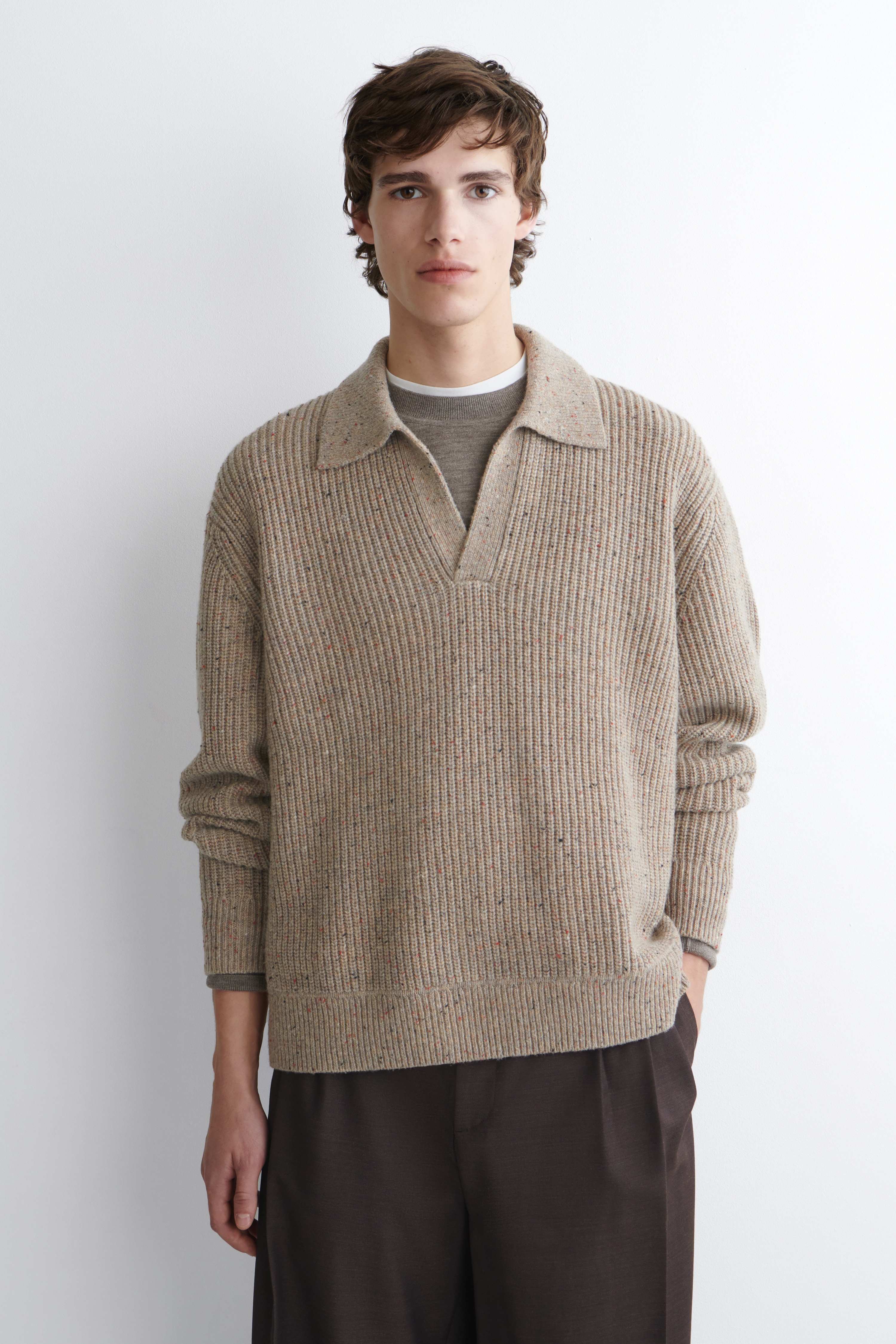 DONEGAL-EFFECT WOOL POLO JUMPER - BEIGE MÉLANGE